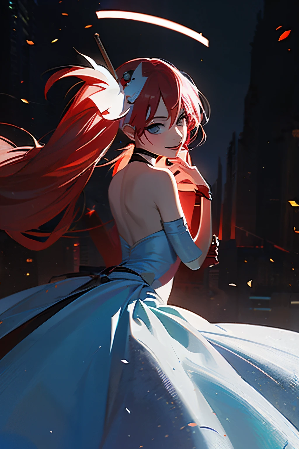 A girl, white eyes, black and red hair, long light blue dress, Harley Quinn face, perfect hand, beautiful face, in the background a destroyed city, blue skin, best quality, masterpiece
