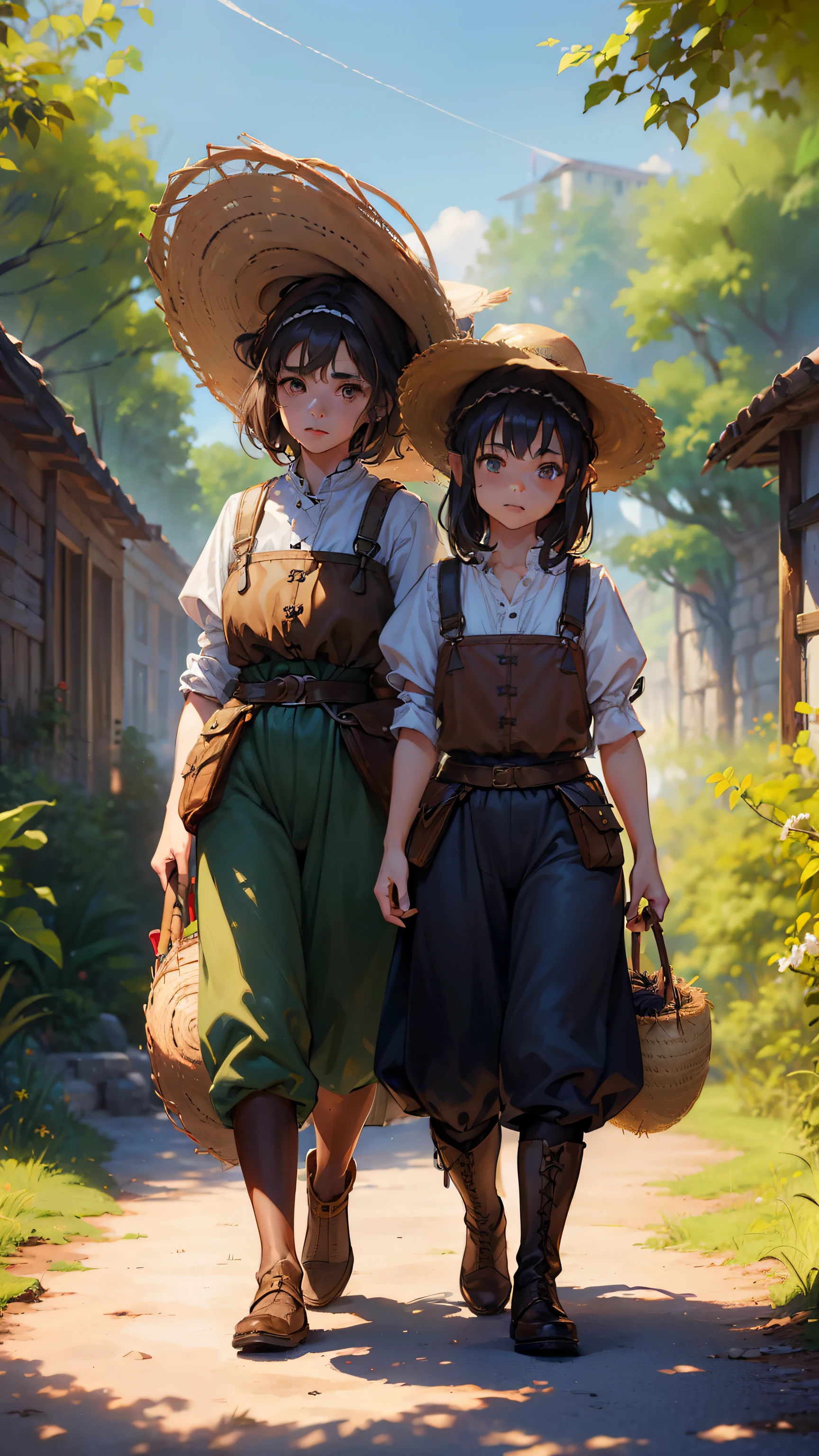(((((2girls))))), (((((twins))))), (((((Short Girl))))), masutepiece, ultra-detailliert, 8K Portrait, Raw photo, portrait photo of a female, Full body, Highly detailed face, ((Fantasy)), (((The Hobbitt))), ((Young cute)), Smile, 15yo student, (((110 cm))), ((White skin)), light brown and dark brown short wavy hair, (((Overall))), Overalls, High Cut Leather Boots, (((a straw fedora hat))), (((little waist hip pouch))), (((Have a long cane))), Dynamic Pose, Midday Sun, Hyper realistic, Slender body, on the medieval road, Ambient lighting, Shadow details, Camera focus on face, strong breeze, Light fog