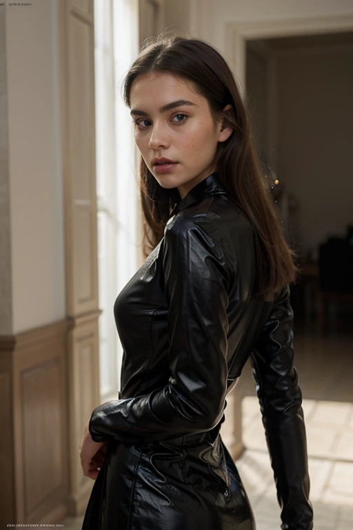8k,Best Quality, Masterpiece, ultra high resolution, (photorealistic:1.4), photo and gross, (Genuine leather texture:1.3), (film grain:1.3),1 girl,beautiful, 24 year old woman with a height of 1,78 meters. He has black hair and a well-developed figure.. His eyes are black and cold, and his expression is indifferent. 