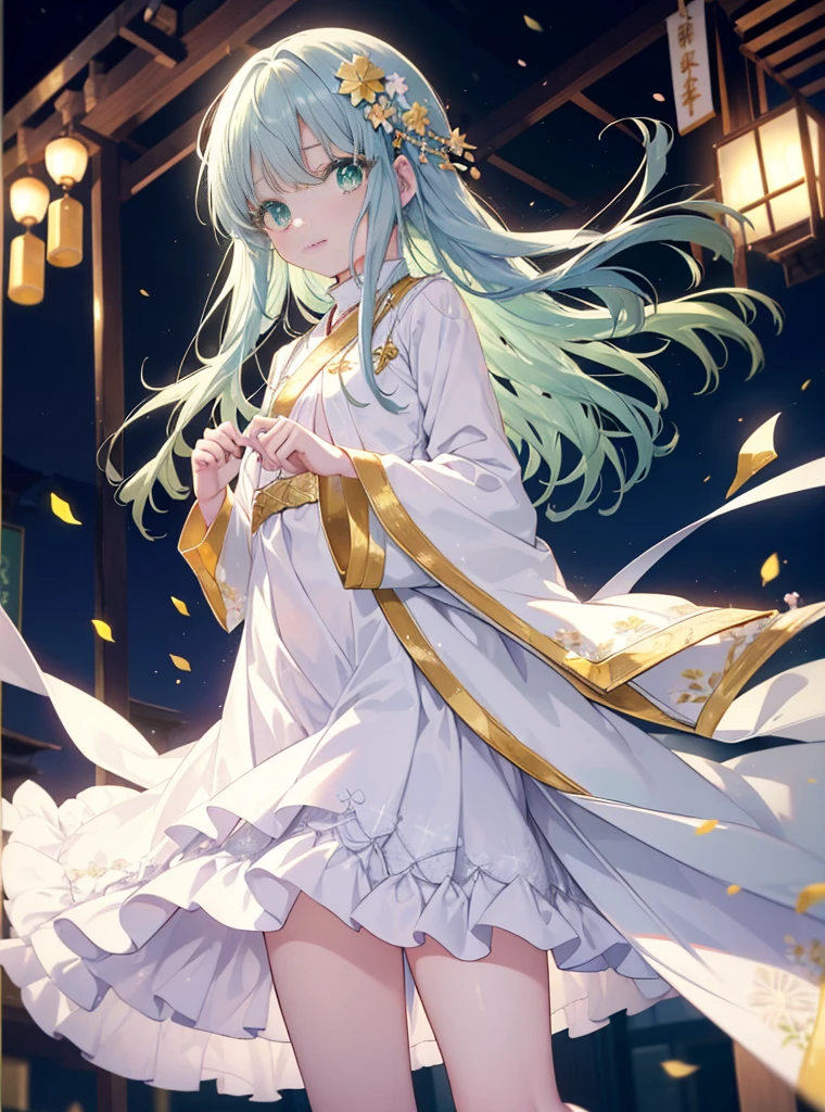 index, index, (Green eyes:1.5), Blue hair, Long hair, (flat chest:1.2),Upper body,Floral hair ornament, Tying up your back hair,fullllbody,Romper,White Japanese Clothing,furisode,a miniskirt,White knee-high socks,brown short boots,shrines,food stall,a smile,The sun begins to rise,Sunrise,Happy atmosphere,幸せそう
Romper (masutepiece:1.2), Best Quality, High resolution, Unity 8k壁纸, (Illustration:0.8), (Beautiful detailed eyes:1.6), extra detailed face, Perfect Lighting, extremely details CG, (Perfect hands, Perfect Anatomy),