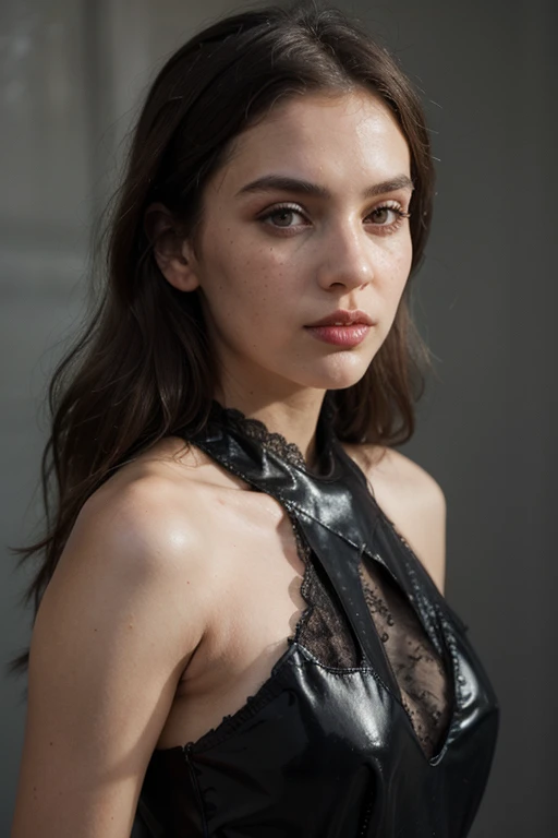 ((best quality)), ((masterpiece)), (detailed), perfect face realistic photo of beautiful woman with long dark brown hair, Russian, influencer, light freckles, dark brown eyes, big lips, no makeup, instagram, in a black dress, tumblr, glossy intricate design, patent leather, y 2 k fashion, lady dimitrescu, vogue magazine photo, in style of stanislav vovchuk, elegant, chris cunningham, black lace, wearing futuristic, leather top