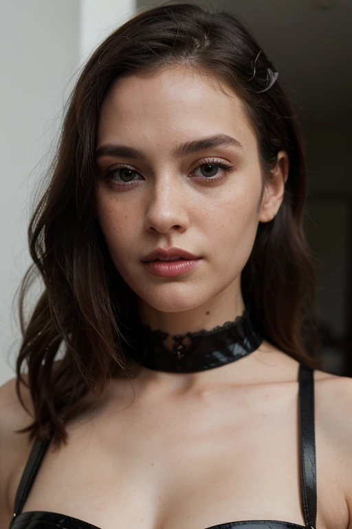 ((best quality)), ((masterpiece)), (detailed), perfect face realistic photo of beautiful woman with long dark brown hair, Russian, influencer, light freckles, dark brown eyes, big lips, no makeup, instagram, in a black dress, tumblr, glossy intricate design, patent leather, y 2 k fashion, lady dimitrescu, vogue magazine photo, in style of stanislav vovchuk, elegant, chris cunningham, black lace, wearing futuristic, leather top