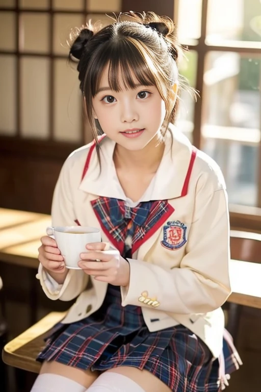 ((​masterpiece))), (((Full body photo)))， (One beautiful Japan girl, classmates, Innocence，kawaii) ，超A high resolution, Realistic, ultra-detailliert, 8K,top-quality, Extremely detailed, A slender,very beautiful japanese girl, Detailed face:1.3), (Bery short hair，I tied her hair in a bun.A dark-haired :1.4), (a ，kawaii系,adorable 14 year ol girl), (Perfect body:1.1),(Perfect fingers)， (White shirt，Red Check Ribbon，Blue Blazer,Red plaid mini skirt、Dark blue high socks、lowfers)Cute and innocent look，Please show me your beautiful teeth,Wonderland, sexy  pose，rosy cheeks, Sparkling eyes, kawaiiポーズ, ((Inside the coffee shop))、cute cake on the table，Japan high school uniform，soft afternoon light、Surrounded by soft light and delicate lighting shining through the window, Pastel color palette, dreamy ambiance, Magical, Vivid colors, Bokeh，