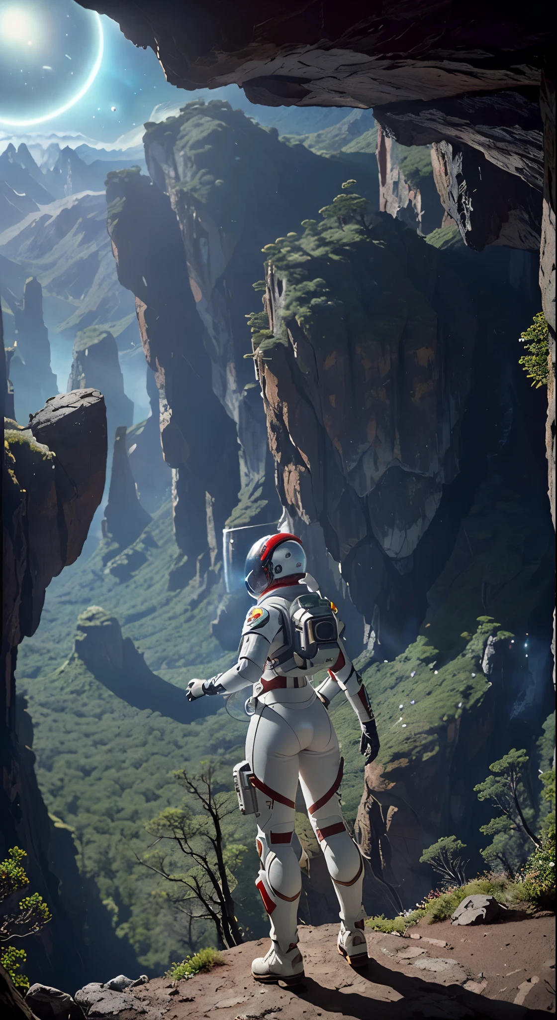 (35mmstyle:1.2), Highly detailed RAW color Photo, Rear Angle, Full Body, of (female space marine, wearing white and red space suit, futuristic helmet, tined face shield, rebreather, accentuated booty), outdoors, (standing on Precipice of tall rocky mountain, looking out at magical lush green rain forest on alien planet), vivid detail, (exotic alien planet), toned body, big butt, (sci-fi), (mountains:1.1), (lush green vegetation), (two moons in sky:0.8), (highly detailed, hyperdetailed, intricate), (lens flare:0.7), (bloom:0.7), particle effects, raytracing, cinematic lighting, shallow depth of field, photographed on a Sony a9 II, 35mm wide angle lens, sharp focus, cinematic film still from Gravity 2013, viewed from behind, dynamic angle