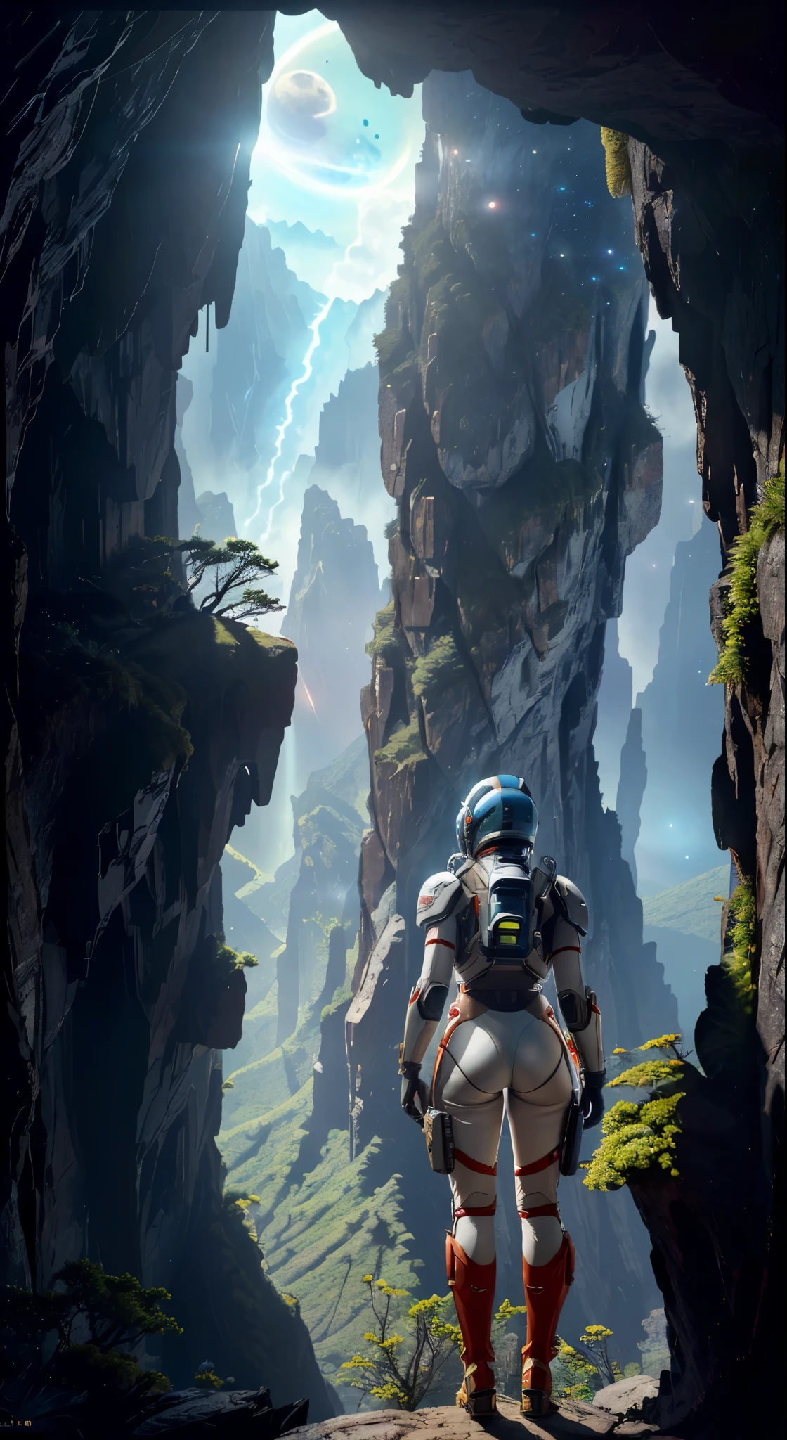 (35mmstyle:1.2), Highly detailed RAW color Photo, Rear Angle, Full Body, of (female space marine, wearing white and red space suit, futuristic helmet, tined face shield, rebreather, accentuated booty), outdoors, (standing on Precipice of tall rocky mountain, looking out at magical lush green rain forest on alien planet), vivid detail, (exotic alien planet), toned body, big butt, (sci-fi), (mountains:1.1), (lush green vegetation), (two moons in sky:0.8), (highly detailed, hyperdetailed, intricate), (lens flare:0.7), (bloom:0.7), particle effects, raytracing, cinematic lighting, shallow depth of field, photographed on a Sony a9 II, 35mm wide angle lens, sharp focus, cinematic film still from Gravity 2013, viewed from behind, dynamic angle