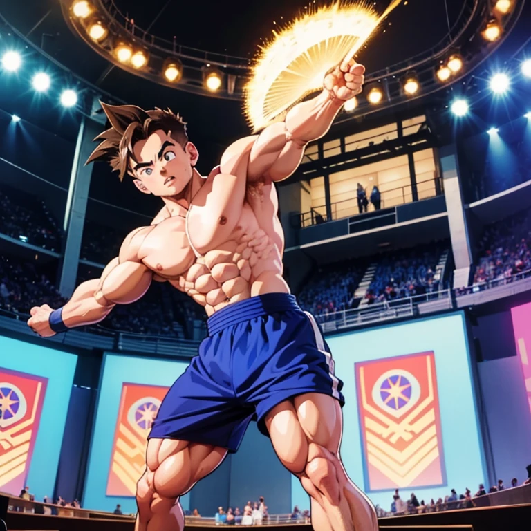 , High quality full body image of Teen Gohan as a bodybuilder, he only wears blue briefs, ohne Schuhe, feet, bare feet, massive muscular body, huge muscular shoulders, Massive big biceps, Venen im Bizeps, Muskelbeine, massive muscular abs, bizeps flex. posierend, Sie schwitzt, very muscular, The toned body shines in the spotlight, he is standing on a stage, much muscular sexy, Bodybuilding Pose