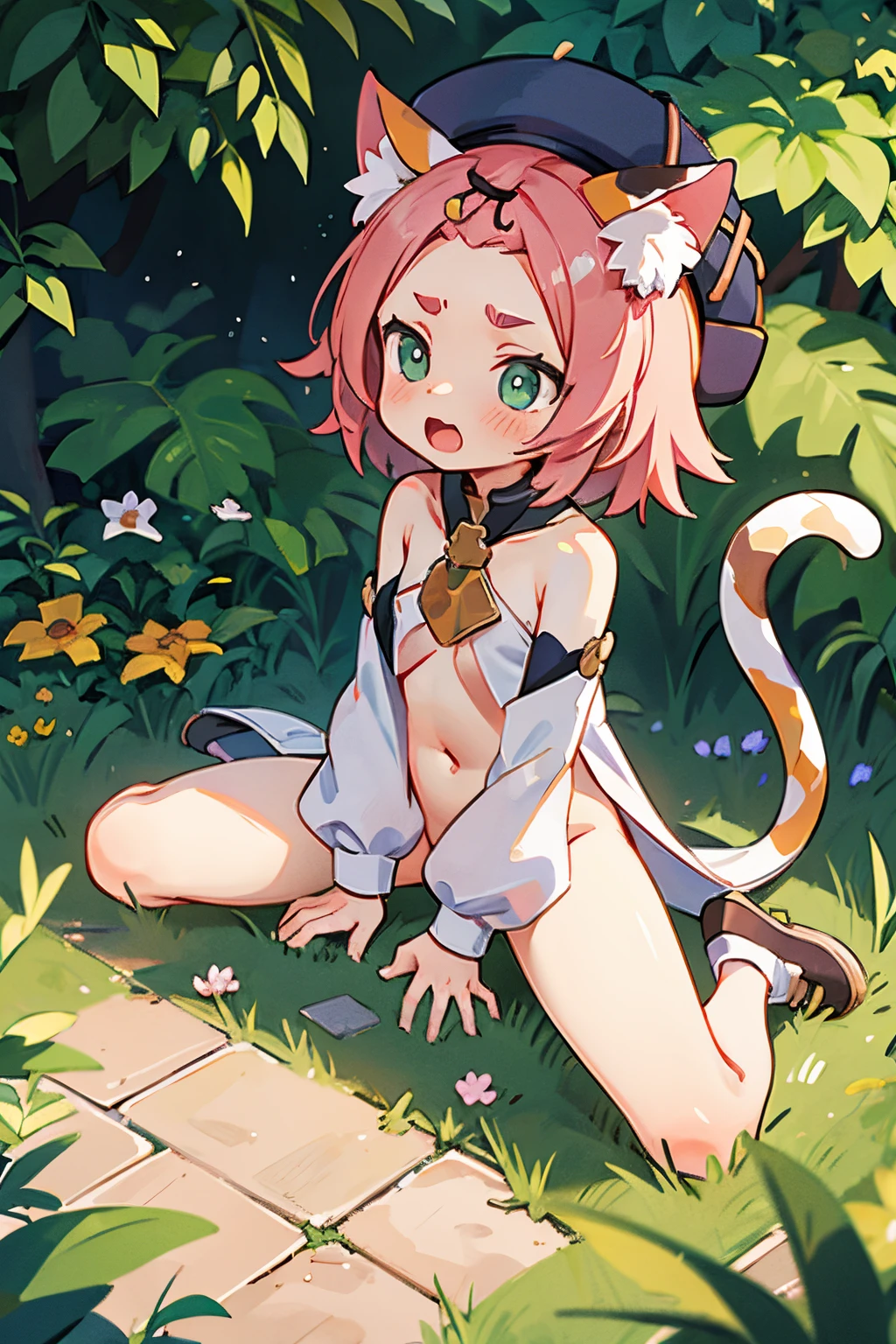 nude, catgirl, flat chest, , sitting, loli, outside, tail, smiling, stretching, spread legs, hand at mouth, detached sleeves, eyes closed