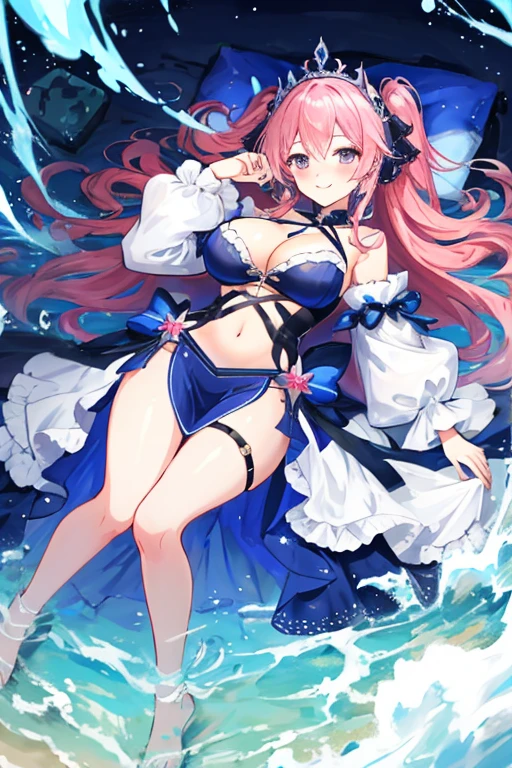 extremely detailed, masterpiece, best quality, absurdres, 1girl, (large breasts),slim, slender, prim_kuroinu, tiara, princess dress, tiara,half body, on bed, on back, pink Hair, exposed belly, Splash Art, smiling