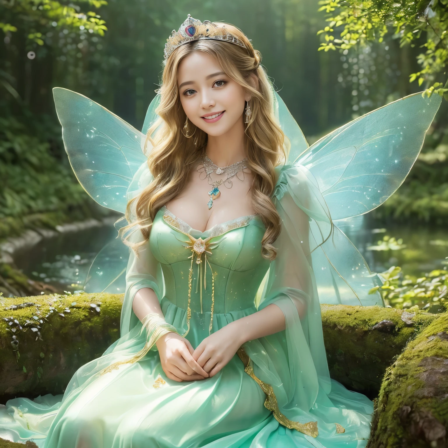 ((masutepiece、top-quality、8K、Highly Detailed and Complex Detail、The most complex and detailed textures、Super High Detail、bright and gentle lighting、the mildest texture、Smoothest texture))、(beautiful waterfall in the background:1.3)、(とても繊細で複雑に輝くsmall wings:1.2)、(Upper body photo of a standing princess:1.1)、(Fairy wings with a very intricate pattern:1.2)、(small wings:1.2)、(The most luxurious and divine sparkling fairy tale light green princess dress:1.2)、((The most beautiful fairy tale prince of the forest fairy tale princess、a high chroma、Small fairy wings that shine fantastically、Gives off a fairy tale glow、The finest dress with elaborate decoration.、Shining transparent fairy tale wings、Fantastic, fairy-tale light、The background is set in a complex and sacred forest、Mysterious tree、Gentle fairy tale light、The brilliance of a fairy tale、Fairytale atmosphere、Fantastical、The most intricate and sacred dresses、the most beautiful fairy princess in the world、Accurately reproduce the sacred atmosphere, perfect down to the last detail、The most complex and detailed forests、The most sacred and luxurious princess dress、 calm and full of light、Extravagant tiaras and necklaces、A forest full of sacred light、Fantastical、Overgrown trees々、A forest surrounded by sacred light、very calm and bright、Half Japan and half Russian、Blue eyes、a blond、the biggest smile when you look at me、Beautiful wavy hair、The most luxurious and intricate dresses、the biggest smile looking at me、Slimed、large full breasts))