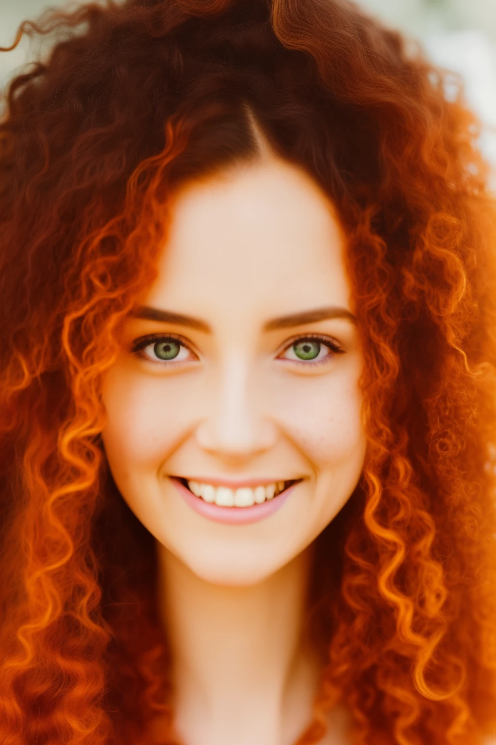 masterpiece portrait of a woman in Montreal at dawning, Long hair, cute orange curly hair, Smile, Green eyes, freckles, floral print, Dress, dawning, Neon, rays of light, Caustic, lens reflection, ((独奏)), Ishmael_Limbus