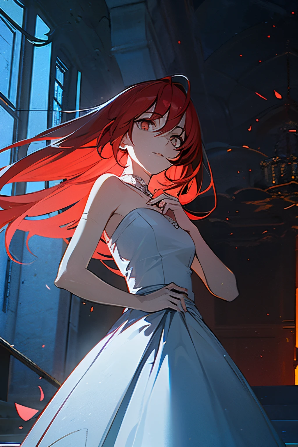 A girl, white eyes, black and red hair, long light blue dress, psychotic look, perfect hand, beautiful face, in the background a destroyed medieval city, blue skin, best quality, masterpiece