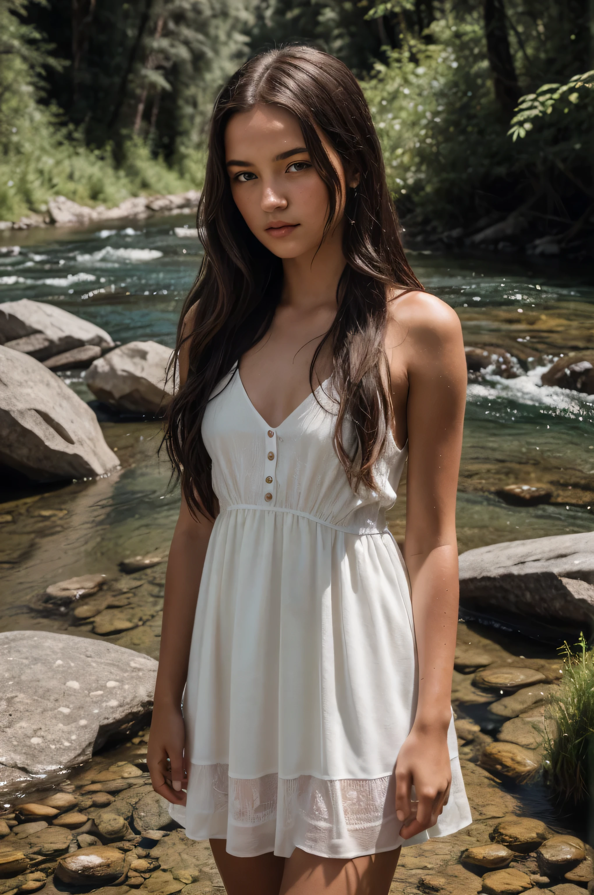 1girl in, 30 years old, Square face, Long hair, Looking at viewer, jewelry, Reality, Sexy, Nightgown colorful outfit, Waterfall backdrop , free pose
