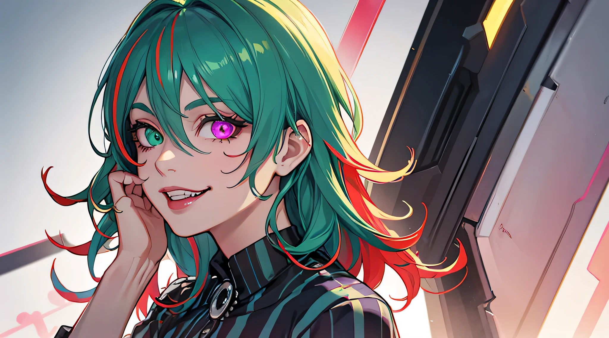 Beetlejuice, official art, 1girl, solo,(demonic, semi realistic, demonic, shiny skin, textured skin),holographic eyes, heterochromia, purple eyes, striped jacket,striped shirt, two tone hair, streaked hair, multicolored hair, red hair, green hair, wild hair, evil scene,teeth, side lighting, ray tracing, depth of field, solo, extreme light and shadow, masterpiece, post apocalyptic, sexy, beautiful , scary, rich in detail,(detailed eyes), (handsome) detailed, (dirt splotches), (horror theme), (beetlejuice), detailed eyes,(straight-on),(masterpiece), (best quality), (ultra-detailed), (best illustration),(best shadow),rim lighting, beetlejuice, ((Beetlejuice)), crazy grin, crazy expression,