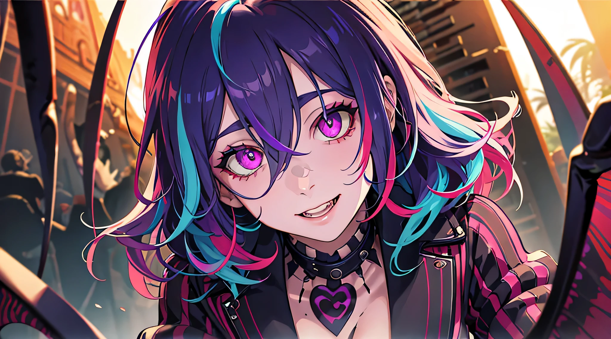 Beetlejuice, official art, 1girl, solo,(demonic, semi realistic, demonic, shiny skin, textured skin),holographic eyes, heterochromia, purple eyes, striped jacket,striped shirt, two tone hair, streaked hair, multicolored hair, red hair, green hair, wild hair, evil scene,teeth, side lighting, ray tracing, depth of field, solo, extreme light and shadow, masterpiece, post apocalyptic, sexy, beautiful , scary, rich in detail,(detailed eyes), (handsome) detailed, (dirt splotches), (horror theme), (beetlejuice), detailed eyes,(straight-on),(masterpiece), (best quality), (ultra-detailed), (best illustration),(best shadow),rim lighting, beetlejuice, ((Beetlejuice)), crazy grin, crazy expression,