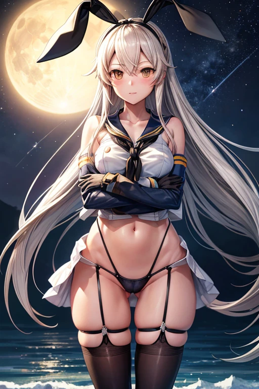 hyper detailed, perfect anatomy, extremely detailed and delicate, 1 girl, shimakaze(kancolle), 1 black cat, night sky, stars, milkyway, hugging a black cat,