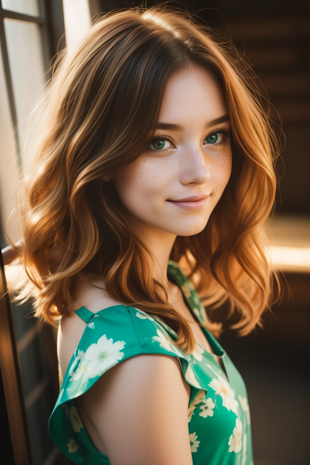 masterpiece portrait of a woman in Montreal at dawning, Long hair, cute orange curly hair, Smile, Green eyes, freckles, floral print, Dress, dawning, Neon, rays of light, Caustic, lens reflection, ((独奏)), Ishmael_Limbus