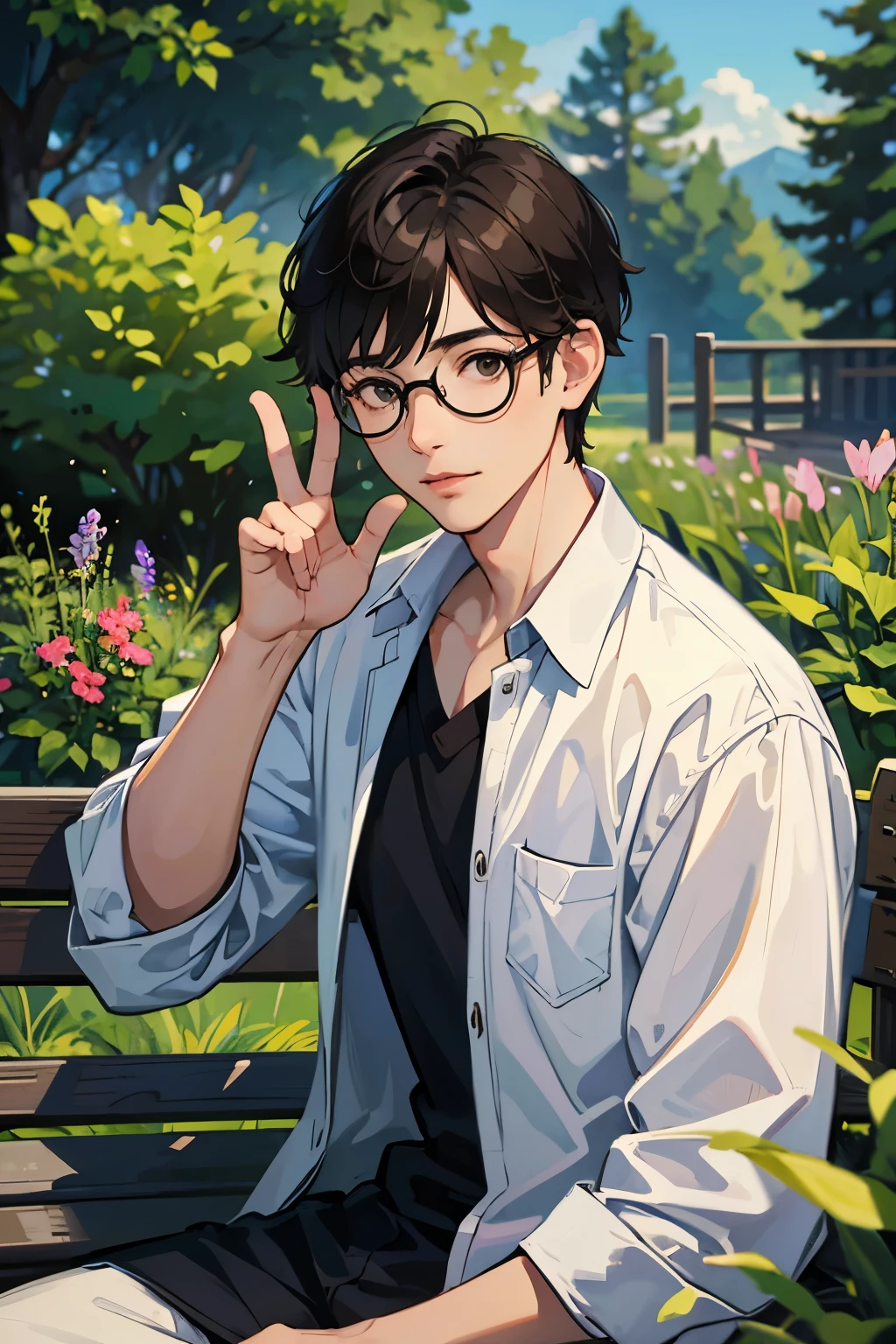 1 boy, sitting on a bench, garden in the background, peace sign, round glasses, black hair, short hair, brown eyes, friendly face, detailed face, detailed eyes, masterpiece, detailed background, open forest background, trees