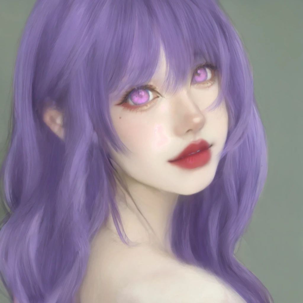 un primer plano de una mujer con cabello morado y ojos rosados, Estilo de realismo de anime, Hecho con Anime Painter Studio, pale skin and purple eyes, realistic anime artstyle, Estilo anime semirealista, Retrato realista kawaii, Retrato estilo anime, ojos violetas, Pintado en Anime Painter Studio, Anime semi realista, Pintura digital suave, con brillantes ojos morados, Estilo de arte de anime realista