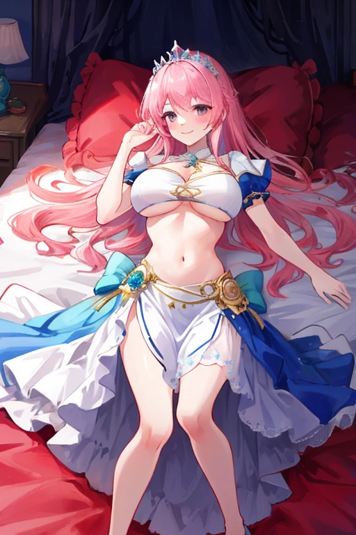 extremely detailed, masterpiece, best quality, absurdres, 1girl, (large breasts),slim, slender, prim_kuroinu, tiara, princess dress, tiara,half body, on bed, on back, pink Hair, exposed belly, Splash Art, smiling