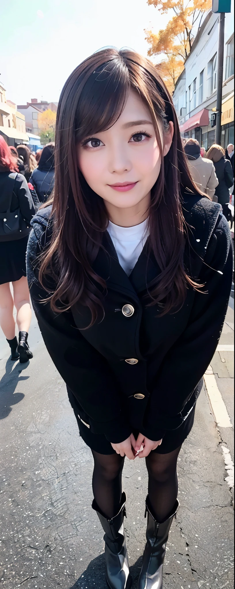 (8k, RAW photos, top quality, masterpiece: 1.2, ultra detailed, super resolution, real photos: 1.37), (Full body photo), 1 noble elegant Japanese lady, (standing contrapposte), winter season, ((black color coodinate, wearing over-size black coat, winter fluffy scarf, grey long skirt, black tights, wearing long boots)), Shiny, Smile, Looks like 1.8 meters tall, large pelvis, Large breasts, big cuvy hips, Thin waist, Long legs, skin hyper-detail, 20 years old, Perfect face, (Detailed facial features), Wavy hair, Daylight, autumn season, center of street, crowd of people,