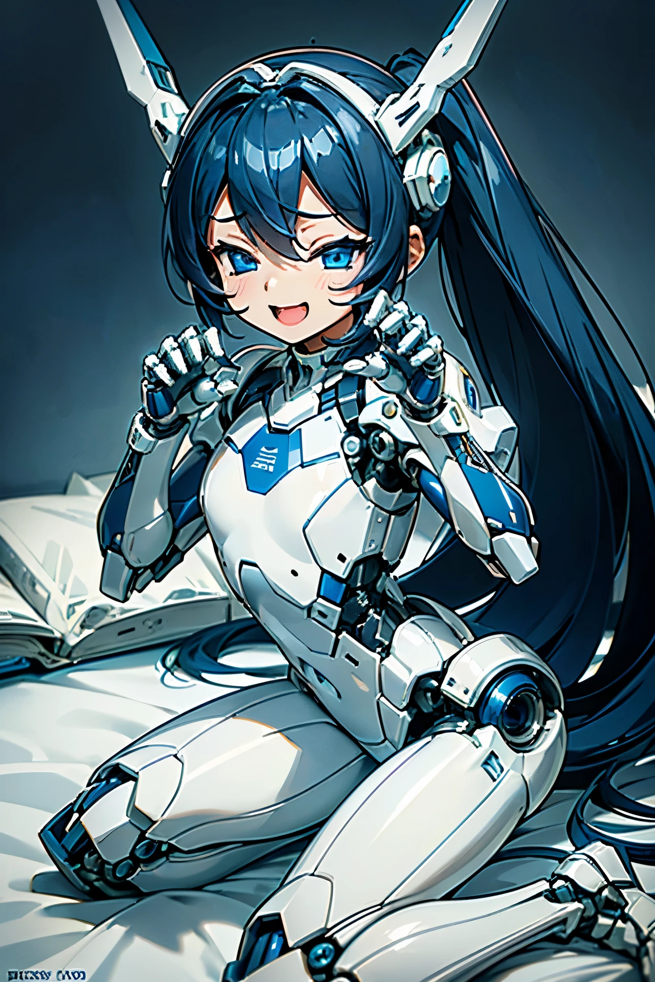 (((masterpiece))), (((Best Quality))), (((high quality))), (((beautiful))), (((8K))), (((highres))), (((absurdres))), (((exquisite))), (((Ultra high definition))), (((High resolution))) loli robot, (toddler:1.4), (Highly detailed and extremely complex mechanics:1.3), (extra large head:1.5), (darkblue hair), (Super long dark blue sideburns), (dark blue long ponytail), (Very small blue eyes:1.4), (Super drooping eyes:1.4), (Highly detailed eye depiction), (overweight), (super short legs), (Streamlined body based on pure white), White and navy blue pilot suit, navy blue tight-fitting clothes, White and navy blue shoulder cover clothes, White and navy blue shiny clothes, navy blue tight fit pants, White and navy blue thigh cover pants, (Machine body:1.4), (Mechanical joints:1.4), (An extremely complex machine visible through its joints:1.4), mecha musume, Mechanical parts, Robot joints, Headgear, (Sit on the bed:1.3), (mechanical room on board:1.3), (Opening Mouth:1.2), (close both eyes tightly:1.5), (close both eyes tightly:1.5), (close both eyes tightly:1.5), (close both eyes tightly:1.5), (Laughing:1.4), (paw pose:1.4)