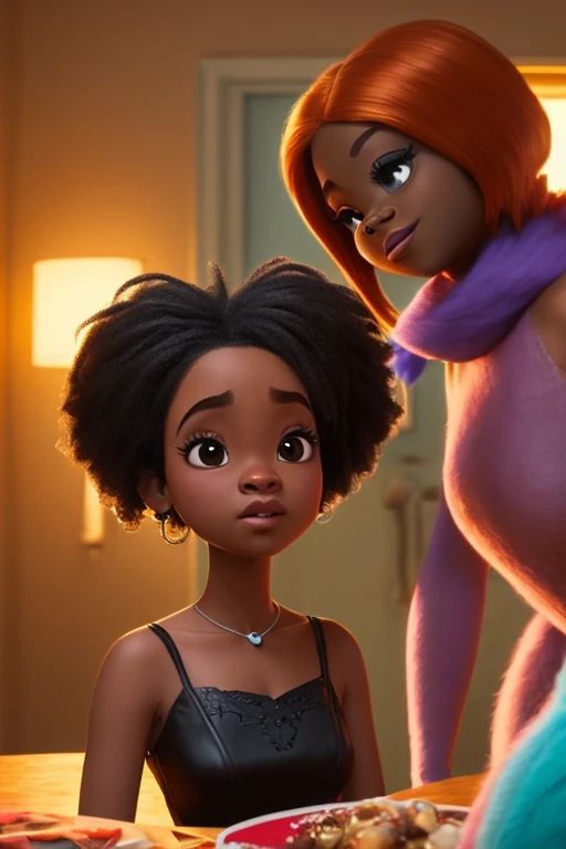 Um filme inspirado na Disney Pixar (MENINA NEGRA JOVEM COM CABELO LONGO CACHEADO PRETO) dentro A cena estar na arte distinta do estilo PIXAR, descolada e estilosa