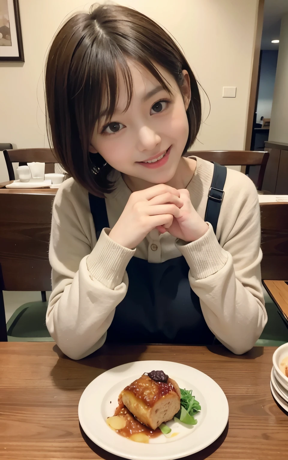 Cute 21 years old、Kawaii Girl、Little brown hair、Shortcut Hair、Enjoy dinner at the table with your family。There are no tables around her..、Creates a warm atmosphere。Smiling college girl、a person who eats a special feast々々Drew。.。.。The scent of dinner and the cold of winter mix together....、enjoy your time。