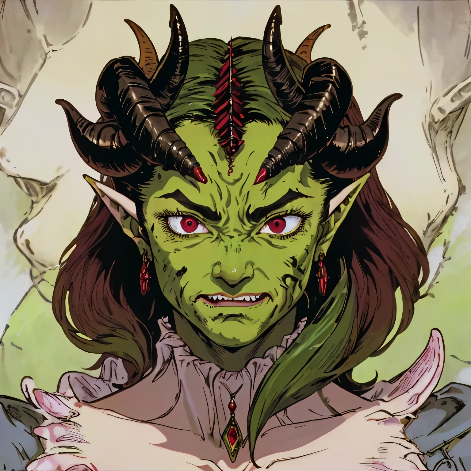 (highres,realistic,portrait:1.2),goblin,green skin,pointy ears,sharp teeth,fiery red eyes,wrinkled face,ornate jewelry,ancient-looking,horns on forehead,dark and mysterious background,curved dagger,shadows and highlights,craftsmanship details,impressive facial details,scales on skin,scary expression,vivid colors
