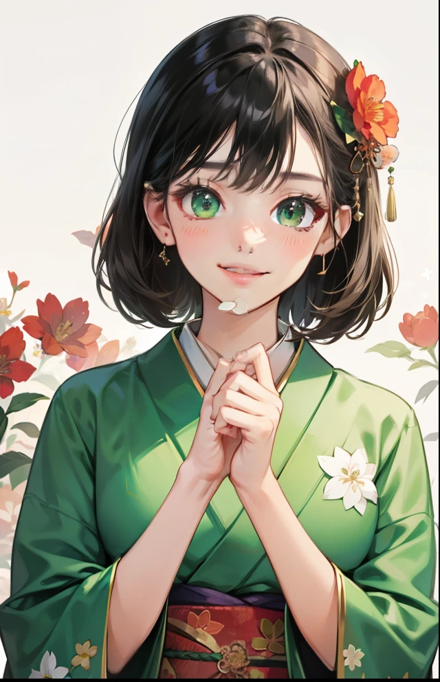 girl with、Background white、without background、Black hair、hair adornments、Contrasting bangs、green kimono with floral pattern、green kimono、dragon、early morning、January、new year、with blush cheeks、Smiling、kawaii、without background