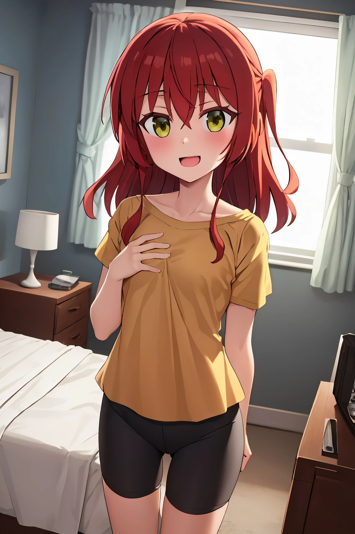 1 girl, best quality, ultra high res, long hair, red hair, green eyes, looking at viewers, small breast, standing, pov, slim body, body, small body, smile, open mouth, yellow shirt, short sleeves, bike shorts, bedroom, white bed sheets,
