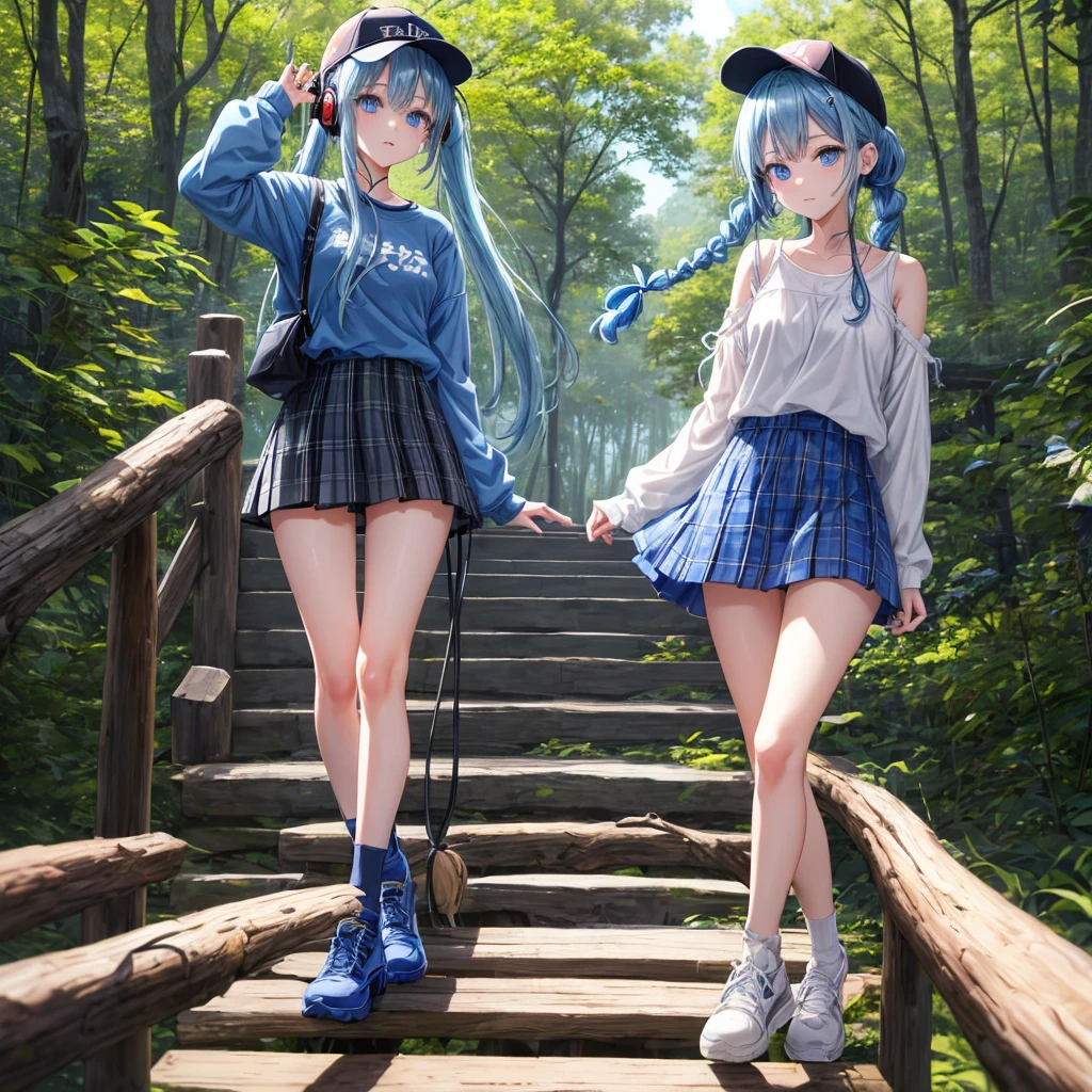Blue hair、blue eyess、Braids、poneyTail、one good looking girl、独奏、animesque、Plaid miniskirt、Black T-shirt、camisole、the woods、Wearing a plaid baseball cap、bare-legged、Tilting your face、Walking、Crossing a log bridge while keeping balance、Doing the ribbon、have a twig、climbing the wooden stairs、falls、Blue Topaz、Sunset sky、Wearing headphones