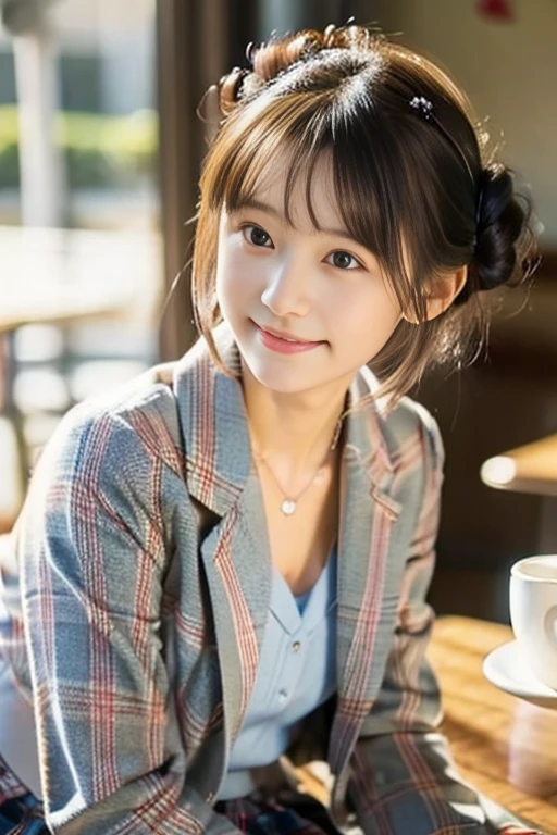 ((​masterpiece))),  (One beautiful Japan girl, classmates, Innocence，kawaii) ，超A high resolution, Realistic, ultra-detailliert, 8K,top-quality, Extremely detailed, A slender,very beautiful japanese girl, Detailed face:1.3), (Bery short hair，I tied her hair in a bun.A dark-haired :1.4), (a baby face，kawaii系,adorable 18 year old beautiful girl), (Perfect body:1.1)，(White shirt，Red Check Ribbon，Dark blue blazer,Red plaid mini skirt、Dark blue high socks、lowfers)，Cute and innocent look，Please show me your beautiful teeth,Wonderland, sexy  pose，rosy cheeks, Sparkling eyes, kawaiiポーズ, ((Inside the coffee shop))、cute cake on the table，Japan high school uniform，soft afternoon light、Surrounded by soft light and delicate lighting shining through the window, Pastel color palette, dreamy ambiance, Magical, Vivid colors, Bokeh，
