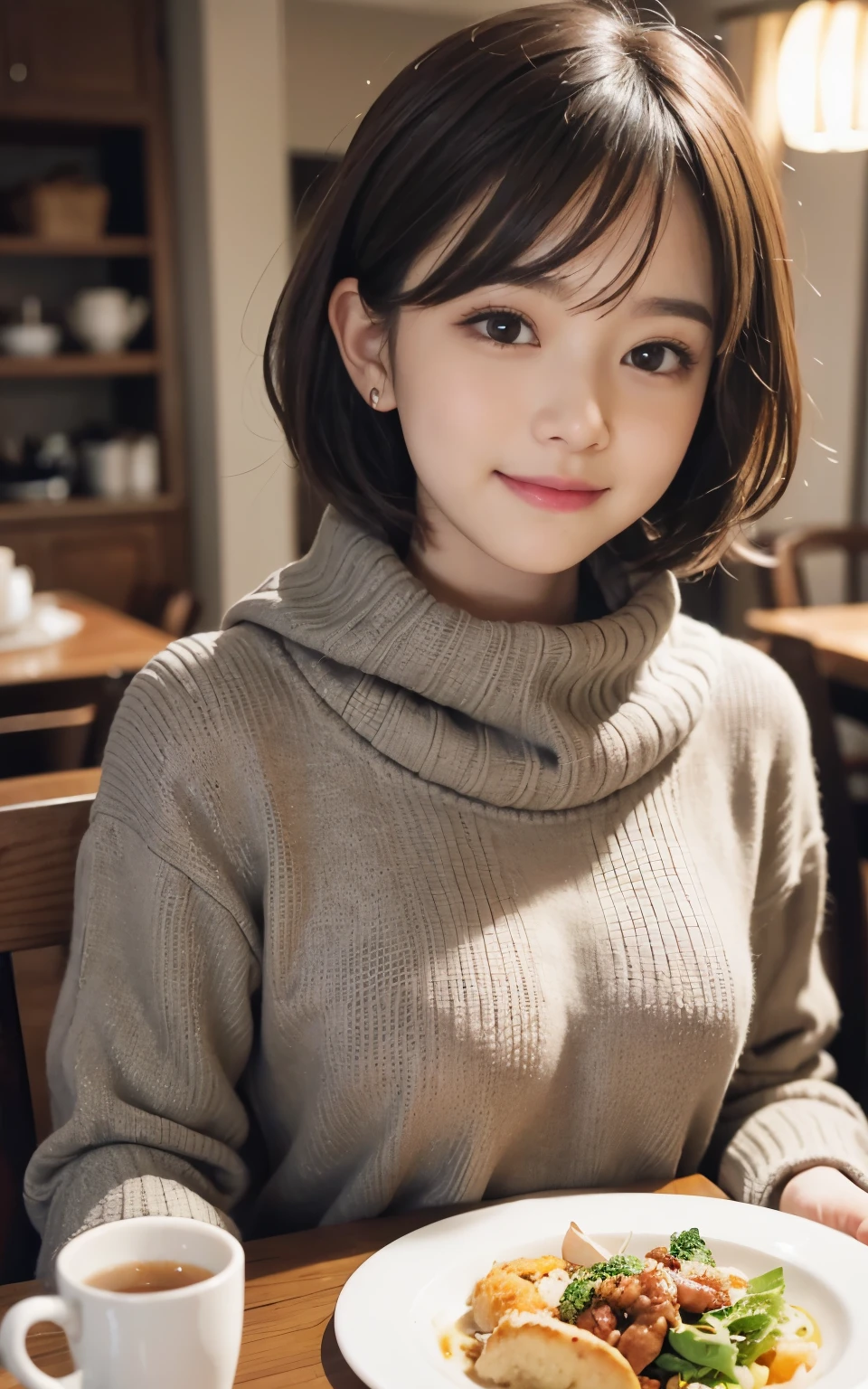 Cute 21 years old、Kawaii Girl、Little brown hair、Shortcut Hair、Enjoy dinner at the table with your family。There are no tables around her..、Creates a warm atmosphere。Smiling college girl、person eating a special feast々々Drew。.。.。The scent of dinner and the cold of winter mix together.....、enjoy your time。