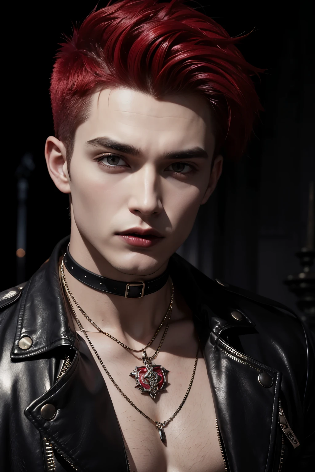 Vampire man, handsome, red eyes, perfect face, short hair, red hair, portrait size, on a gothic cathedral background, with a leather jacket, and spiked choker, tattoos on his neck, 20 years old, vampire fangs