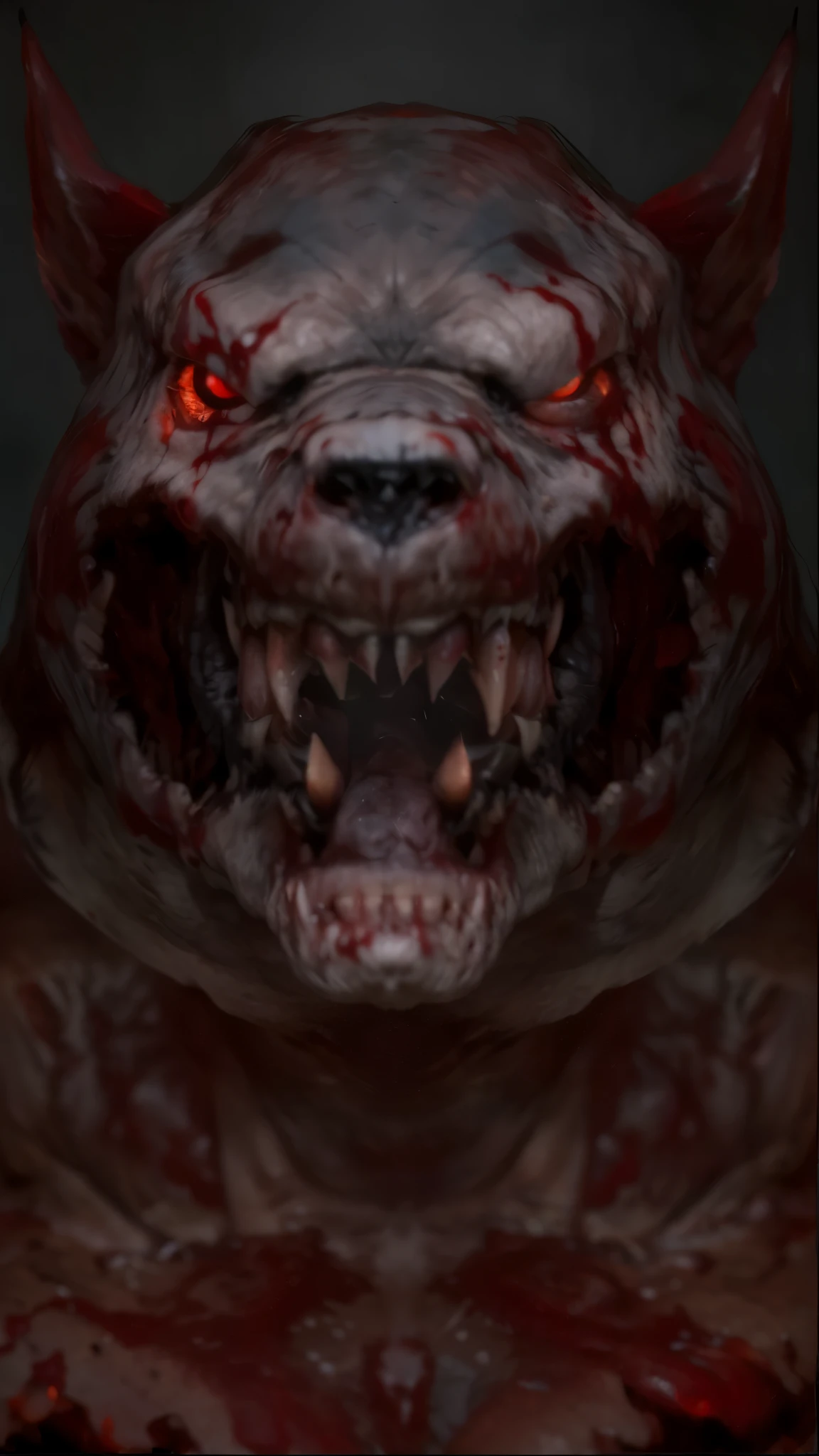 (masterpiece),(best quality:1.0),(ultra high resolution:1.0),monster, werewolf, zombie wolf, zombie , red eyes, blood in the body, menacing look, fangs, wolfteam, face focus, 8k wallpaper, full body