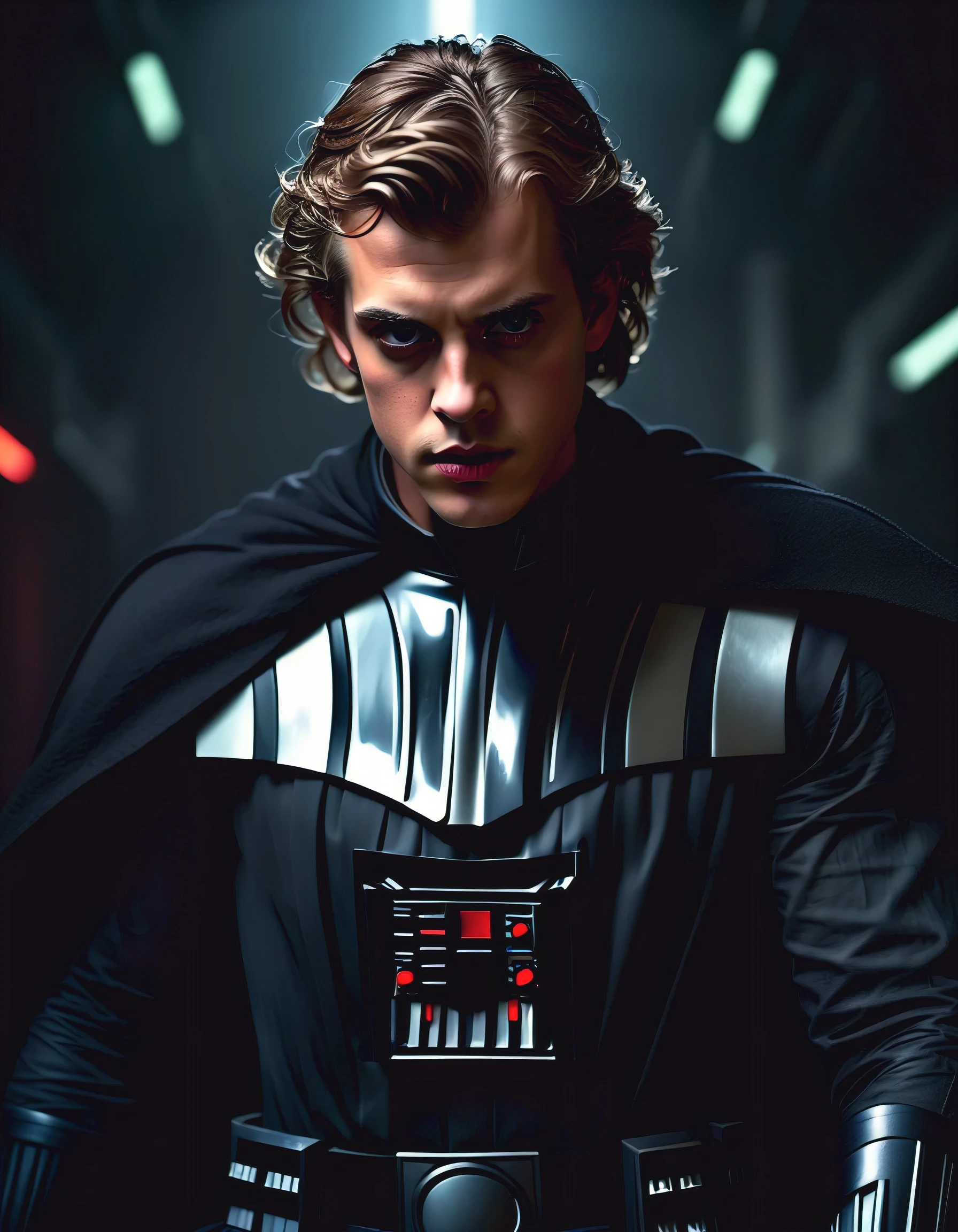 (best quality,4k,8k,Altas,master part:1.2),ultra-detalhado,(Realistic,photoRealistic,photo-Realistic:1.37), Hayden Christensen, (olhos intensos, powerful presence), detailed facial features, (belos olhos detalhados, beautiful detailed lips), (Realistic face with strong expression), (postura confiante e comandante), (Escuro, flowing hair), (tall and muscular construction), (vestido de preto), (dramatic lighting with shadows), (threatening atmosphere), (impressive and intimidating appearance), (texturas arenosas), (cinematic portrayal), (action-oriented), (Arte Conceitual Sci-Fi), cores vibrantes, (Escuro and moody tones), (retrato artisticamente estilizado), (dynamic compositing), (epic and iconic character), (Captivating and enigmatic character), (capturing the essence of Darth Vader), master part of art., determinado, olhos intensos, menacing presence, Iconic mask, Capa Preta Fluindo, sabre de luz, Escuro side of the Force, Galactic Empire, marcha imperial, epic battle scene, esquema de cores vermelho e preto, dramatic lighting, Exciting action, iconic Star Wars character