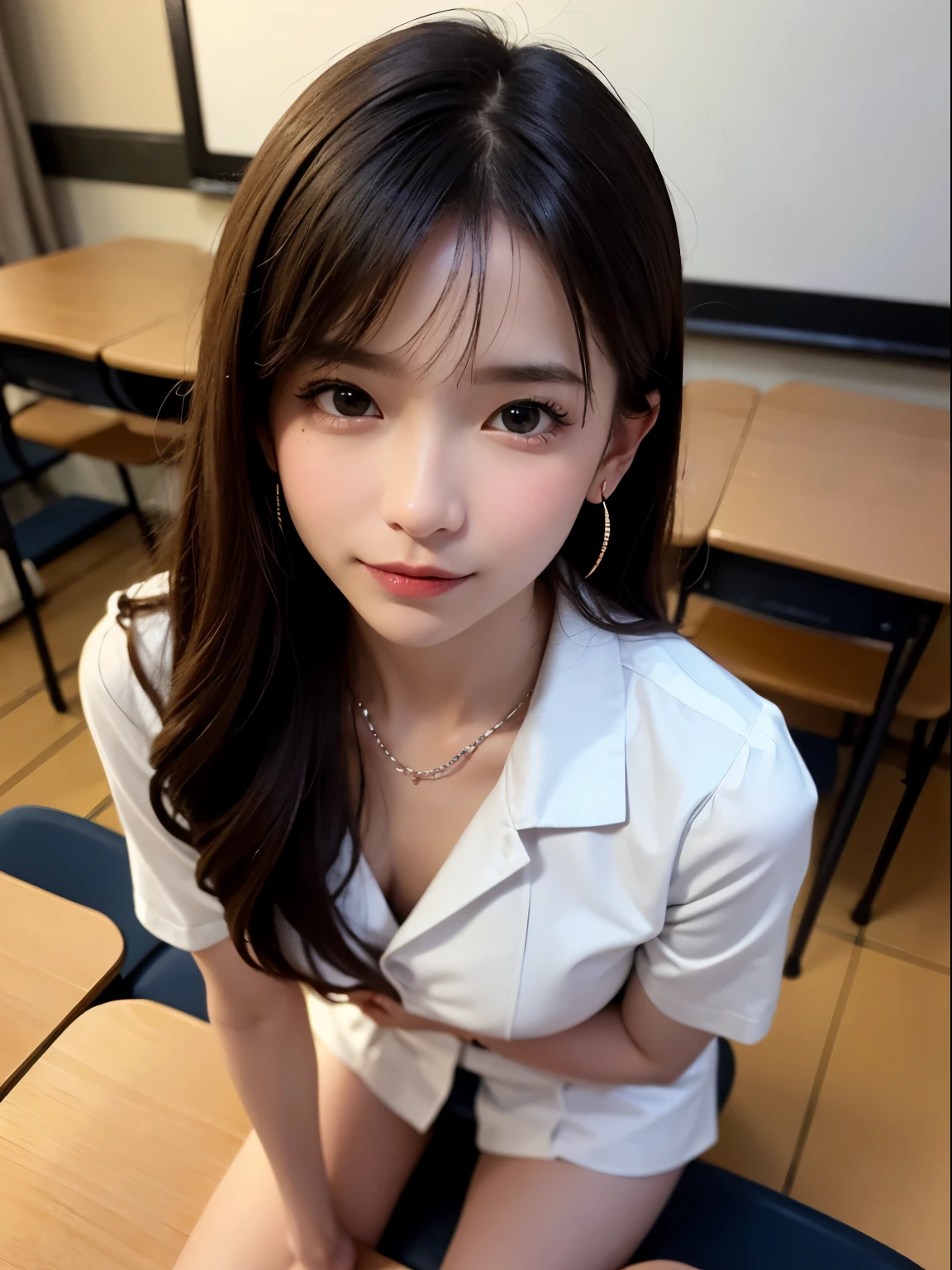 (Master Parts: 1.3), (max resolution: 1.2), (Ultra HDTV: 1.2), cinematric light, Ultra HDTV, (A detailed eyeと肌), (detailed facial features), nffsw, 8K resolution, foco nítido: 1.2, Perfect Style, Beautiful face, 准确, tre anatomically correct, Highly detailed texture of face and skin, A detailed eye, brown-eyed, Double eyelids, tthin eyebrows, Glitter Eyeliner: 1.2, Natural cheeks, shinny skin, Chromo-white skin: 1.2, Brightlight Lips necklace and small earrings: 1.4),
Romper
一人称視点, Wearing a sexy high school uniform, (embarrassed:1.2), (red blush:1.2), a Innocent and cute girl, (ponytail in high position, hair wavy, lightbrown hair, Diagonally flowing fringe), Medium Long Hair,
Romper
(FULL BODYSHOT: 1.2), (frombelow:1.3), (focus-on feet), ((Very intimate relationships: 1.2)), (medium large breasts:1.1), ((Standing on a school chair with legs closed)), (Pose with her skirt slightly lifted:1.2)),
Romper
(((in class room: 1.2)), (Looking down at the viewer:1.2)),