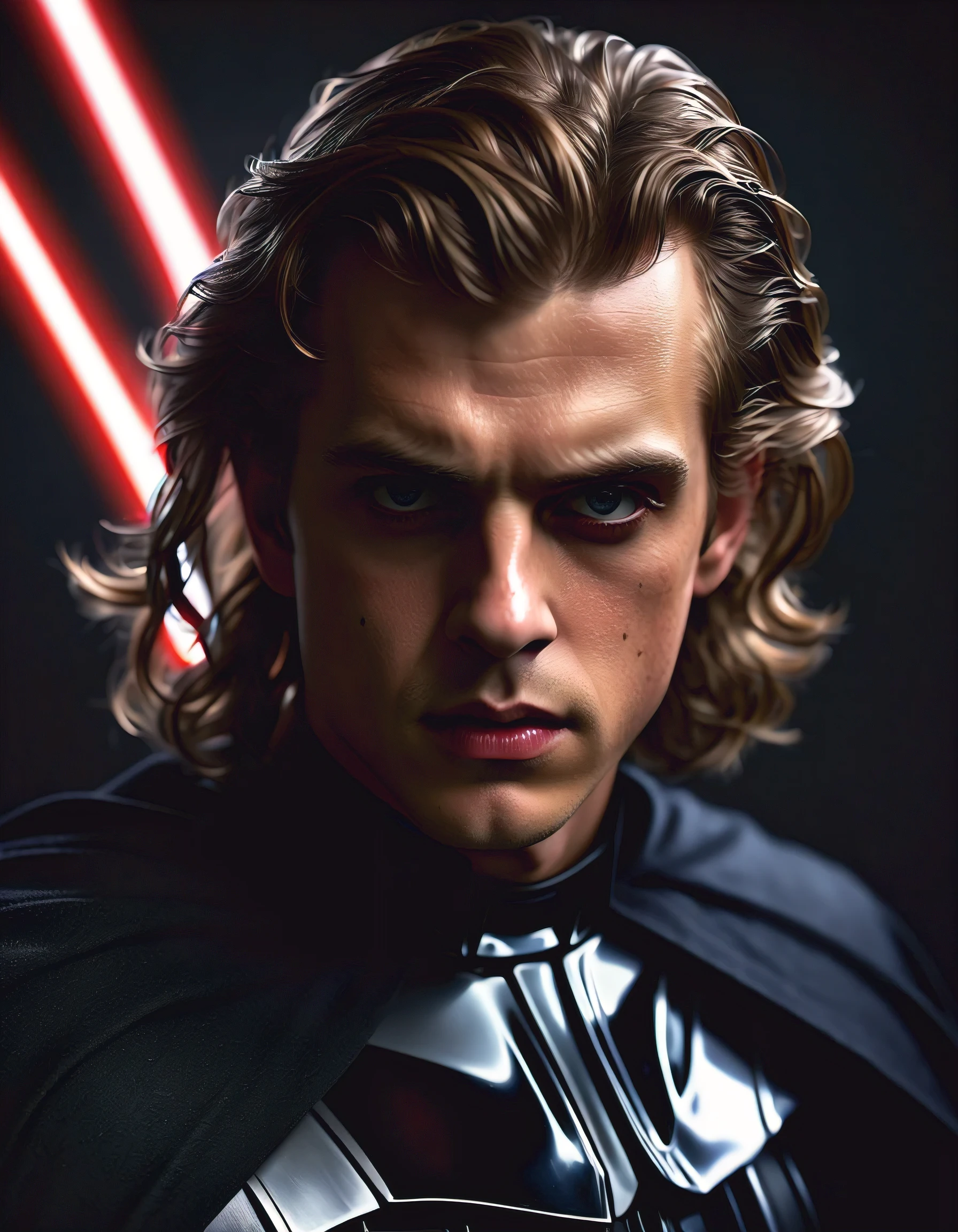 (best quality,4k,8k,Altas,master part:1.2),ultra-detalhado,(Realistic,photoRealistic,photo-Realistic:1.37), Hayden Christensen, (olhos intensos, powerful presence), detailed facial features, (belos olhos detalhados, beautiful detailed lips), (Realistic face with strong expression), (postura confiante e comandante), (Escuro, flowing hair), (tall and muscular construction), (vestido de preto), (dramatic lighting with shadows), (threatening atmosphere), (impressive and intimidating appearance), (texturas arenosas), (cinematic portrayal), (action-oriented), (Arte Conceitual Sci-Fi), cores vibrantes, (Escuro and moody tones), (retrato artisticamente estilizado), (dynamic compositing), (epic and iconic character), (Captivating and enigmatic character), (capturing the essence of Darth Vader), master part of art., determinado, olhos intensos, menacing presence, Iconic mask, Capa Preta Fluindo, sabre de luz, Escuro side of the Force, Galactic Empire, marcha imperial, epic battle scene, esquema de cores vermelho e preto, dramatic lighting, Exciting action, iconic Star Wars character