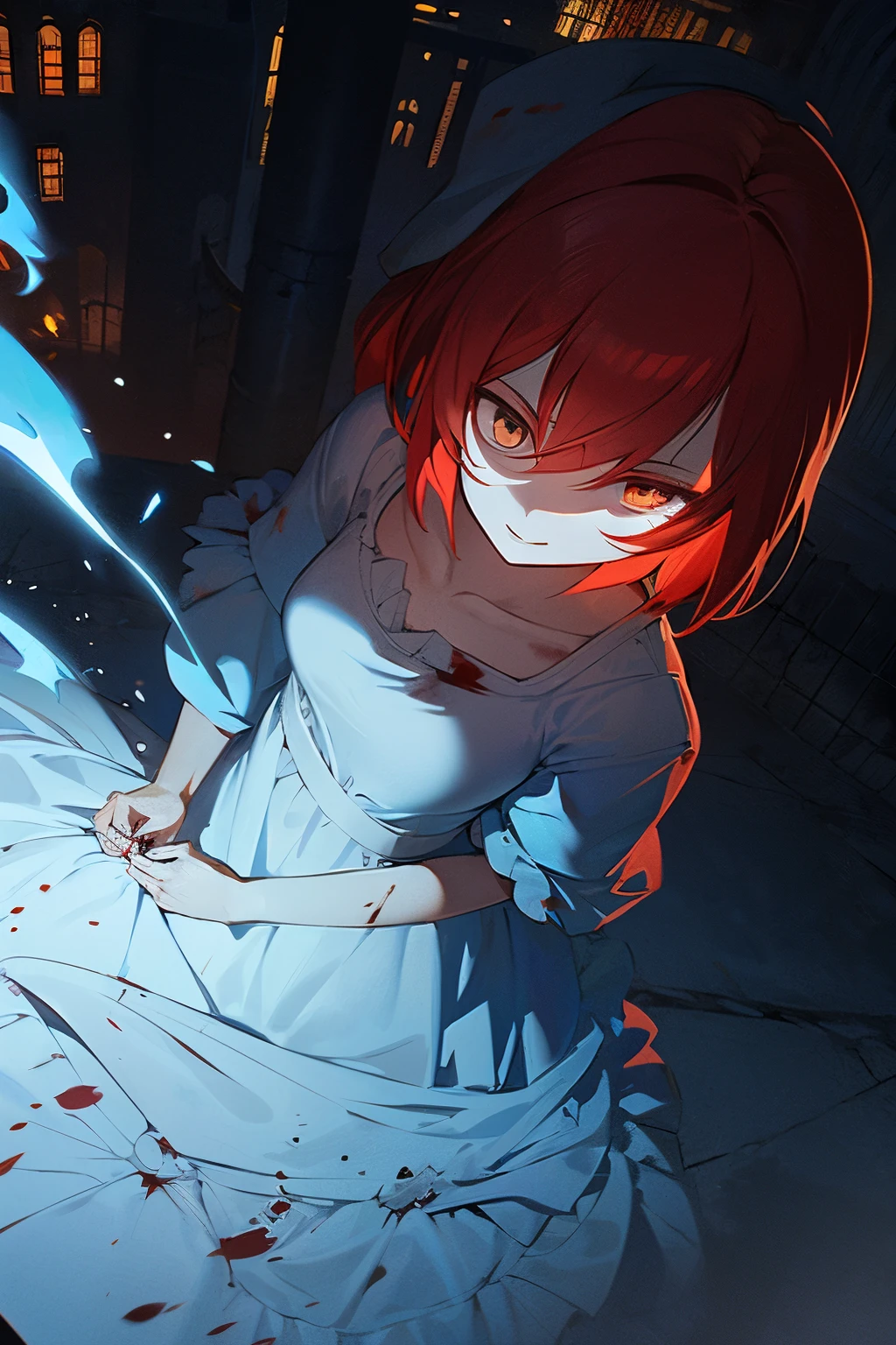 A girl, white eyes, black and red hair, long light blue dress with blood, psychotic look, perfect hand, beautiful face, in the background a destroyed medieval city, blue skin, best quality, masterpiece