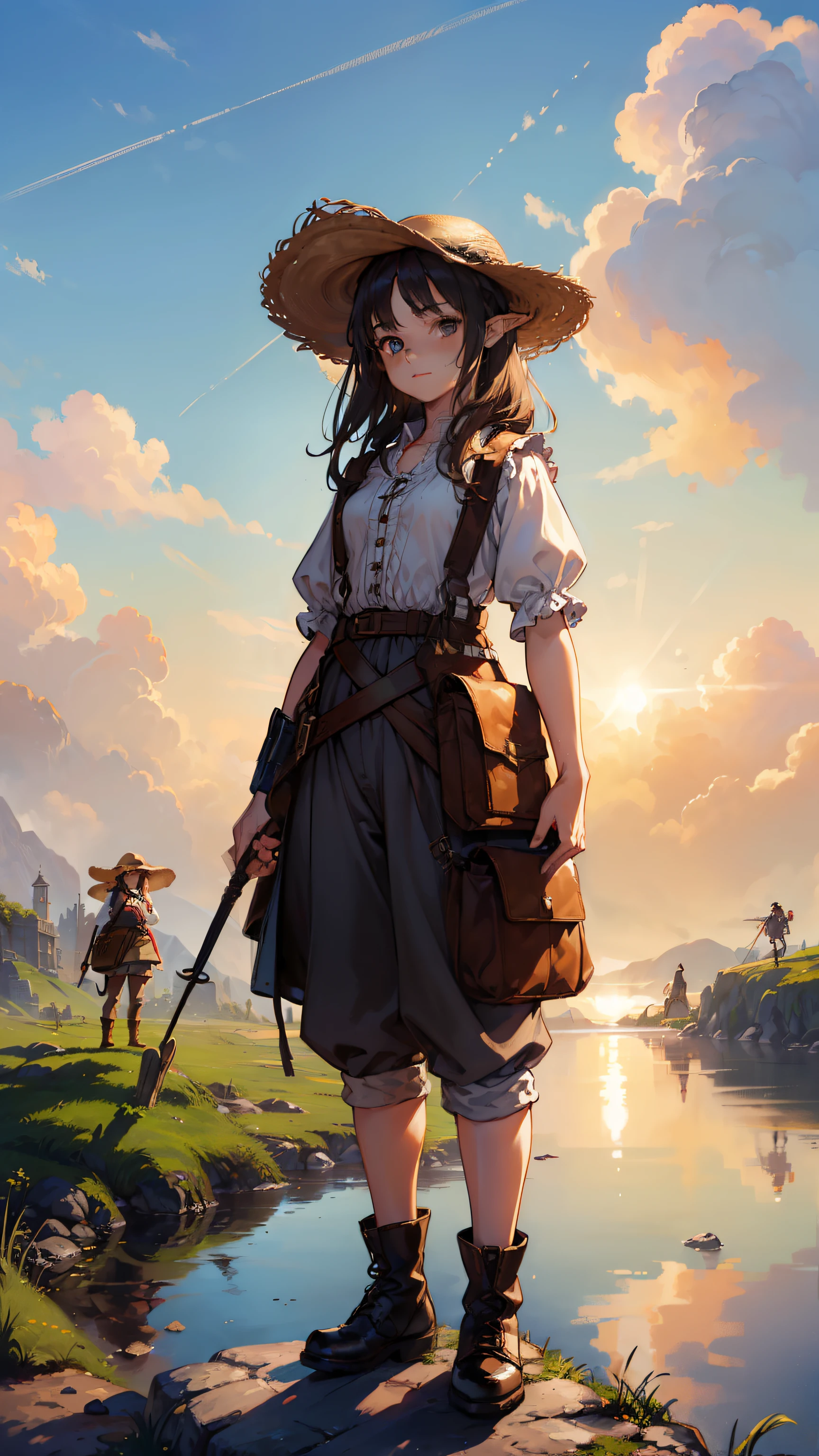 (((((2girls))))), (((((twins))))), (((((Short Girl))))), masutepiece, ultra-detailliert, 8K Portrait, Raw photo, portrait photo of a female, Full body, Highly detailed face, ((Fantasy)), (((The Hobbitt))), ((Young cute)), Smile, 15yo student, (((110 cm))), ((White skin)), light brown and dark brown short wavy hair, (((Overall))), Overalls, High Cut Leather Boots, (((a straw fedora hat))), (((little waist hip pouch))), (((Have a long cane))), Dynamic Pose, Midday Sun, Hyper realistic, Slender body, on the medieval road, Ambient lighting, Shadow details, Camera focus on face, strong breeze, Light fog