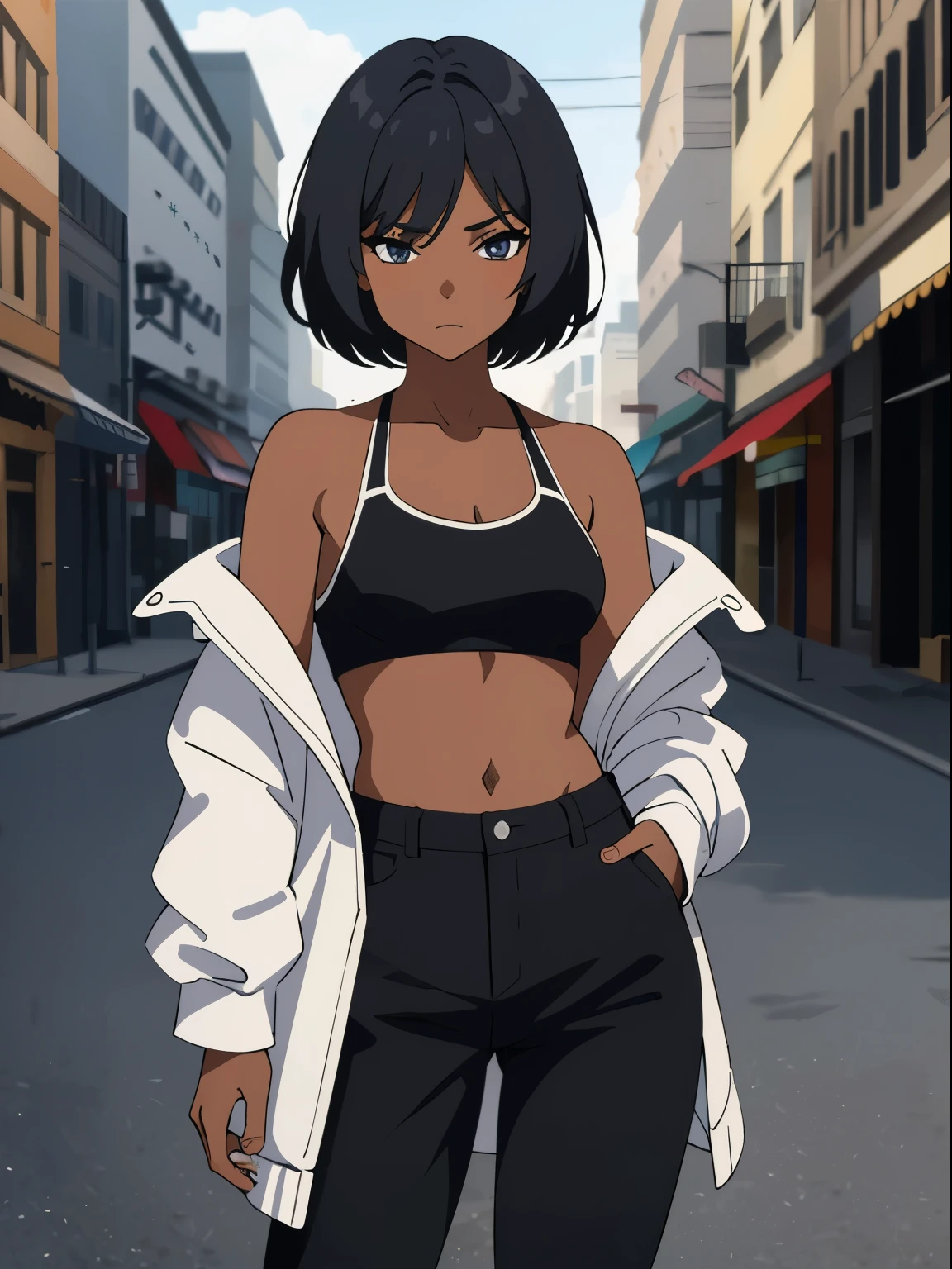 dreamy, (masterpiece), best quality, ( appearance), 1girl, Black short hair, amazing, beautiful detailed eyes, Black eyes, small breasts, fine details, depth of field, extremely detailed CG, ((Black skin)), Strong body, White jacket with off shoulders, cropped, black pants , Looking at viewer, street background