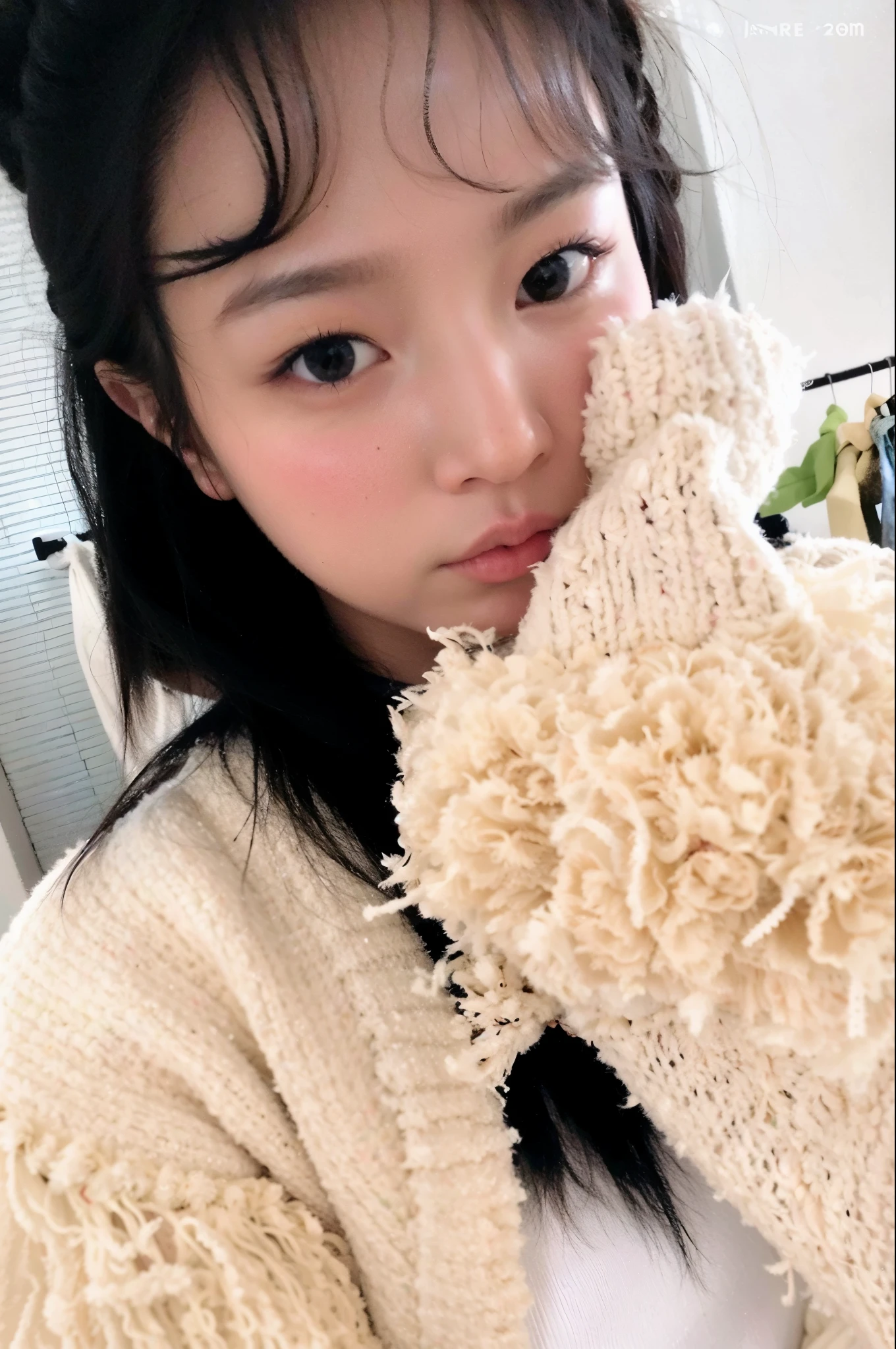 puffy Asian girl in a white sweater and a teddy bear, Ulzzang, Chiho ashima, Chiho, twintails branco_Luvas, Shiori Teshirogi, Kotegawa Yui, Kimi Takemura, Shikami, Lulu Chen, Yukii Morita, Xintong Chen