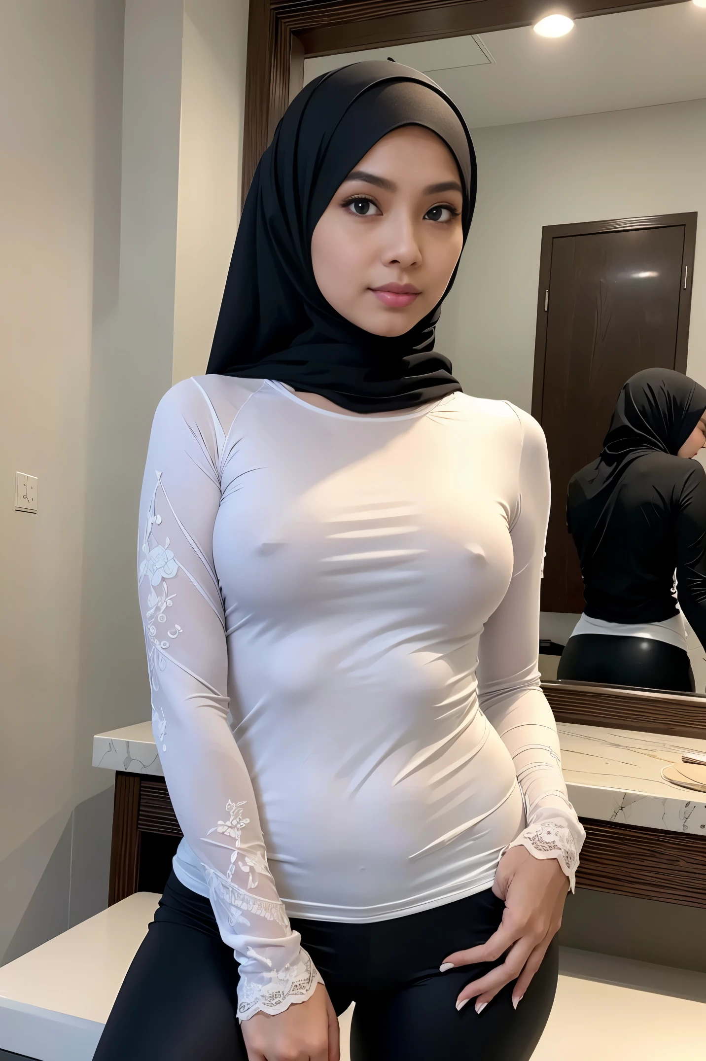 RAW, Best quality, high resolution, masterpiece: 1.9), beautiful Malay woman in hijab, Masterpiece, big gorgeous eyes, Soft smile, wear tight long sleeve shirt unbutton see a lace bra, legging, in changing room, Excellent lighting, Bright colors, Clean lines