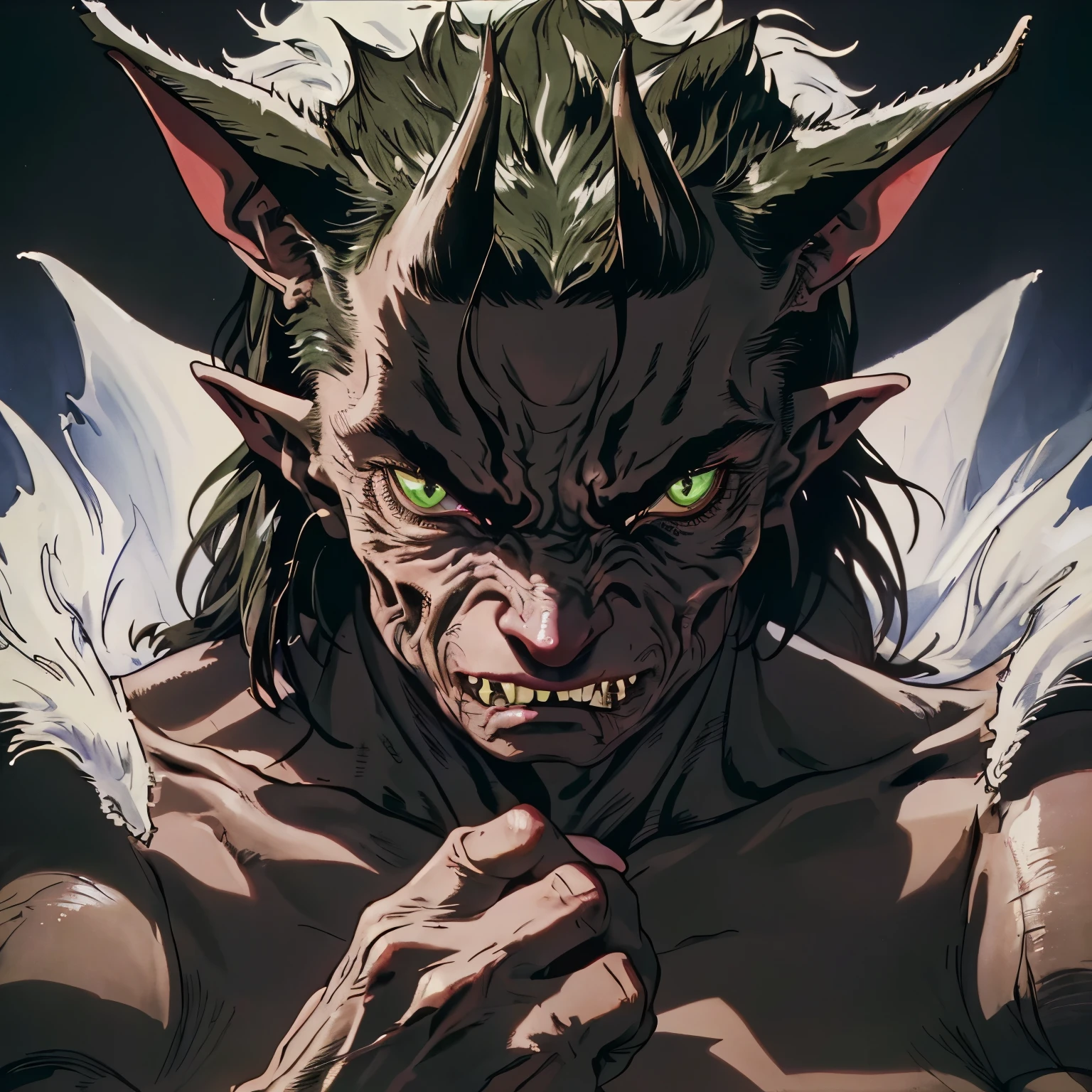 (best quality,4k,8k,highres,masterpiece:1.2),ultra-detailed,realistic,portrait HD,goblin,dark fantasy,emerald eyes,wrinkled skin,pointy ears,sharp teeth,long fingernails,ominous expression,shadows,dramatic lighting,texture detail,vivid colors,chaotic background