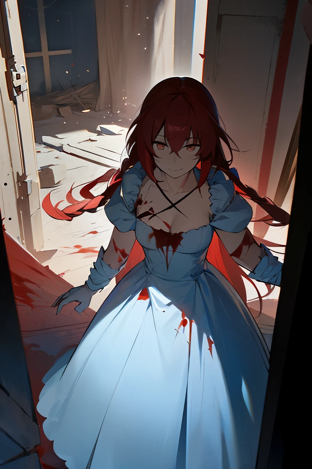 A girl, white eyes, black and red hair, long light blue dress with blood, psychotic look, perfect hand, beautiful face, in the background a destroyed medieval city, blue skin, best quality, masterpiece, hairstyle with double braids