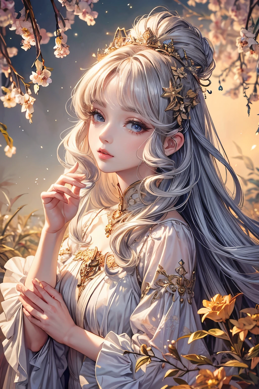 (best quality,8K,CG),detailed upper body,solitary girl,floral forest background,complex facial features,elegant long curly hair,almond-shaped big eyes,detailed eye makeup,long eyelashes,twinkling stars,exquisite lip details,soft and harmonious style.