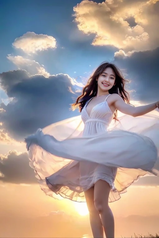 Masterpiece, Best Quality, Film Stills, A Beautiful Woman in a White Dress Flying in the Air, Artgerm's Style, Floating in the Sky, Close Up, Bright, Happy, Warm and Soft Clouds, Sunset, (Spark: 0.7) 8k Portrait of a Beautiful Woman with Brown Hair, Intricate, Elegant, Highly Detailed, Majestic, Digital Photography, Broken Glass, (Masterpiece, Side Light, Delicately Beautiful Eyes: 1.2)