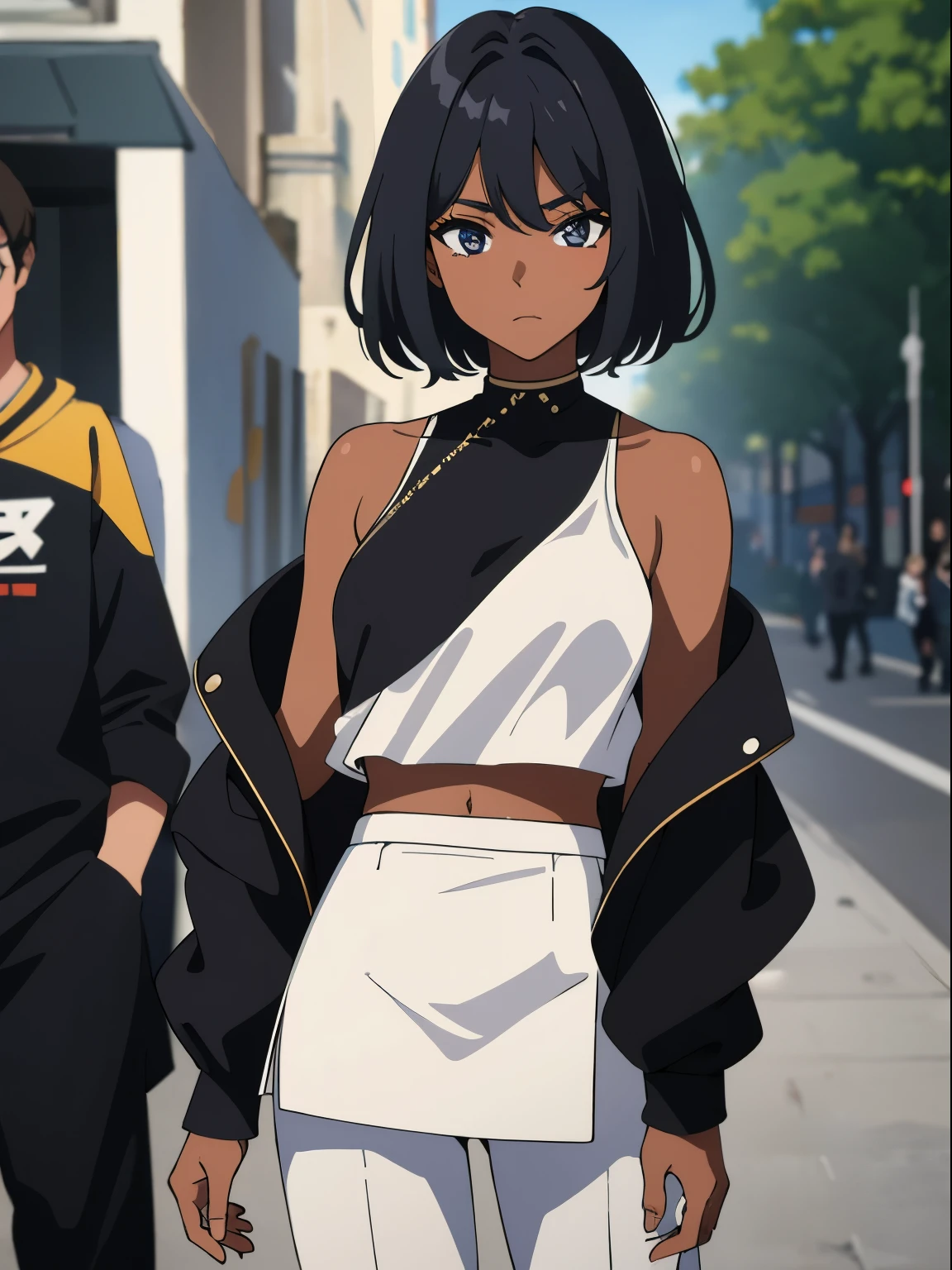 dreamy, (masterpiece), best quality, (16 year old appearance), 1girl, Black short hair, amazing, beautiful detailed eyes, Black eyes, small breasts, fine details, depth of field, extremely detailed CG, ((Black skin)), Strong body, White jacket with off shoulders, cropped, black pants , Looking at viewer, street background