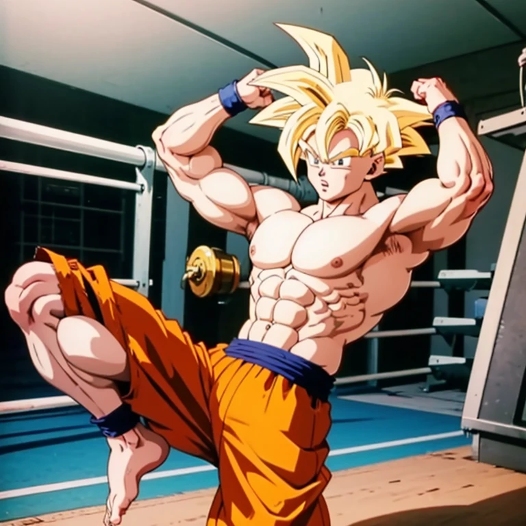 (Eine detaillierte Zeichnung von Son Goku, bodybuilding gym.), shirtless, barefoot, mma, boxing