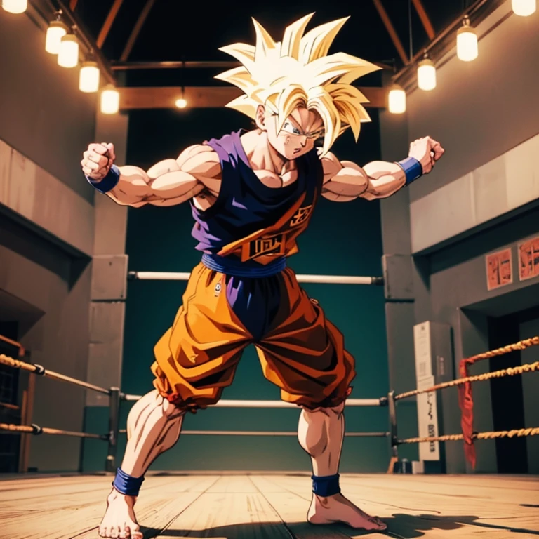 (Eine detaillierte Zeichnung von Son Goku, bodybuilding gym.), shirtless, barefoot, mma, boxing